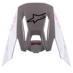 Alpinestars S-M5 Bond White Red Glossy Visor, wymienny daszek do kasku motocrossowego, błyszczące białe wykończenie z czerwonymi oznaczeniami „SM5” i „ASTARS”, centralne czarne logo gwiazdy, akcesorium typu snap-on do jazdy off-road