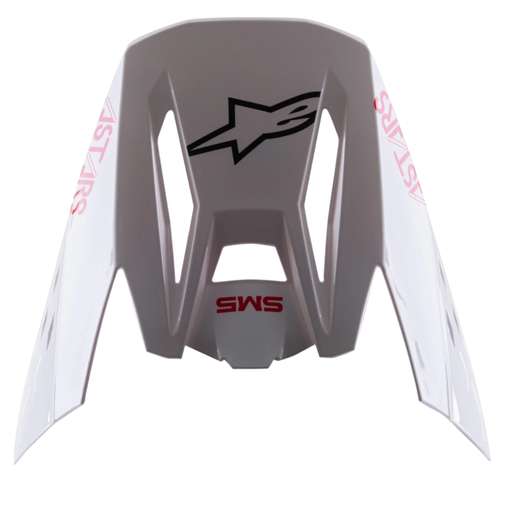 Alpinestars S-M5 Bond White Red Glossy Visor, wymienny daszek do kasku motocrossowego, błyszczące białe wykończenie z czerwonymi oznaczeniami „SM5” i „ASTARS”, centralne czarne logo gwiazdy, akcesorium typu snap-on do jazdy off-road