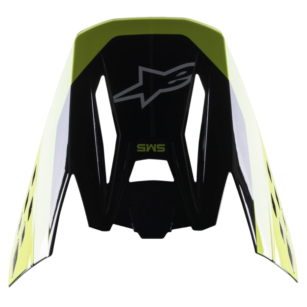 Alpinestars S-M5 Beam Visor, daszek do kasku, czarny i żółty fluo z połyskiem, logo gwiazdy Alpinestars i branding SM5, zamienny daszek do kasków motocrossowych