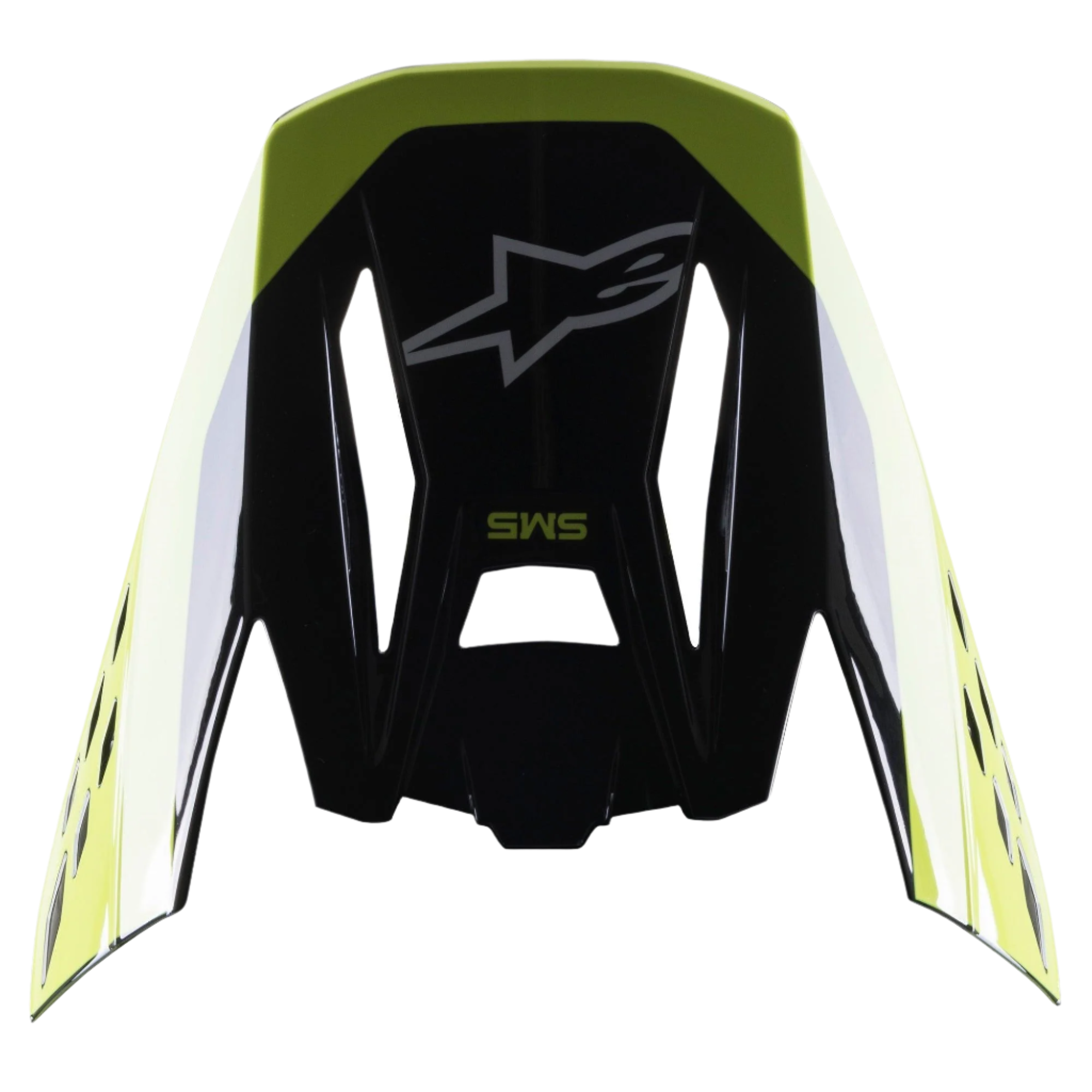 Alpinestars S-M5 Beam Visor, daszek do kasku, czarny i żółty fluo z połyskiem, logo gwiazdy Alpinestars i branding SM5, zamienny daszek do kasków motocrossowych