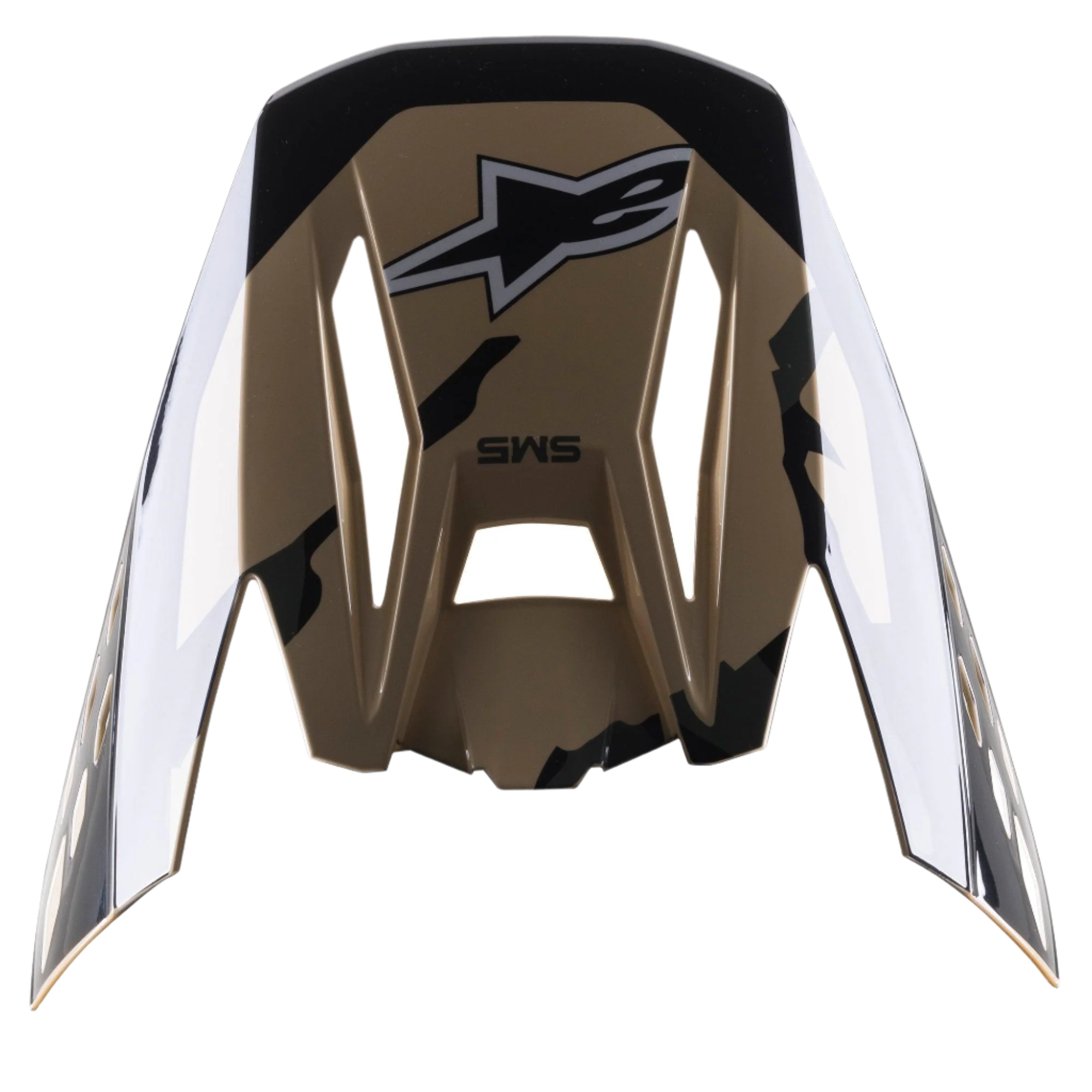 Alpinestars S-M5 Rover Visor, wymienny daszek do kasku, Sand Tangerine Camo Glossy, brązowa baza z czarnymi akcentami kamuflażu, logo Alpinestars i oznaczenie SM5, kanciasty design do kasków motocrossowych