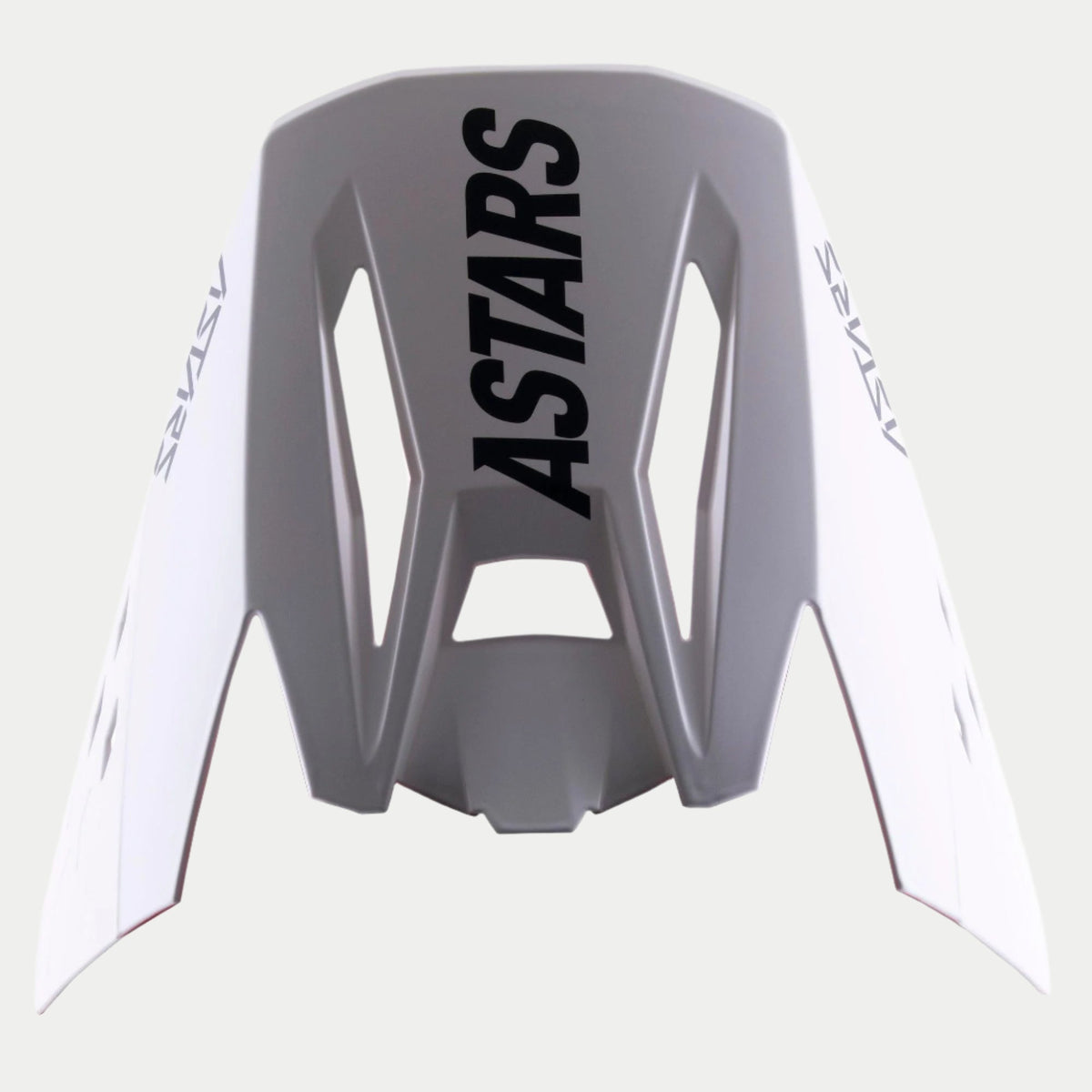 Alpinestars S-M5 Rayon Visor, wymienny daszek do kasku motocrossowego, szary z wyraźnym czarnym brandingiem ASTARS na górze i po bokach, matowe wykończenie, kanciasty design z wycięciami wentylacyjnymi dla lepszej wydajności w terenie