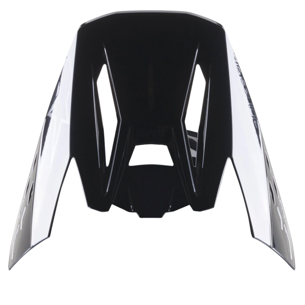 Alpinestars S-M5 Scout Visor, czarno-srebrny błyszczący daszek zamienny do kasków motocrossowych, aerodynamiczna konstrukcja z brandingiem po bokach i otworami wentylacyjnymi, wykończenie na wysoki połysk