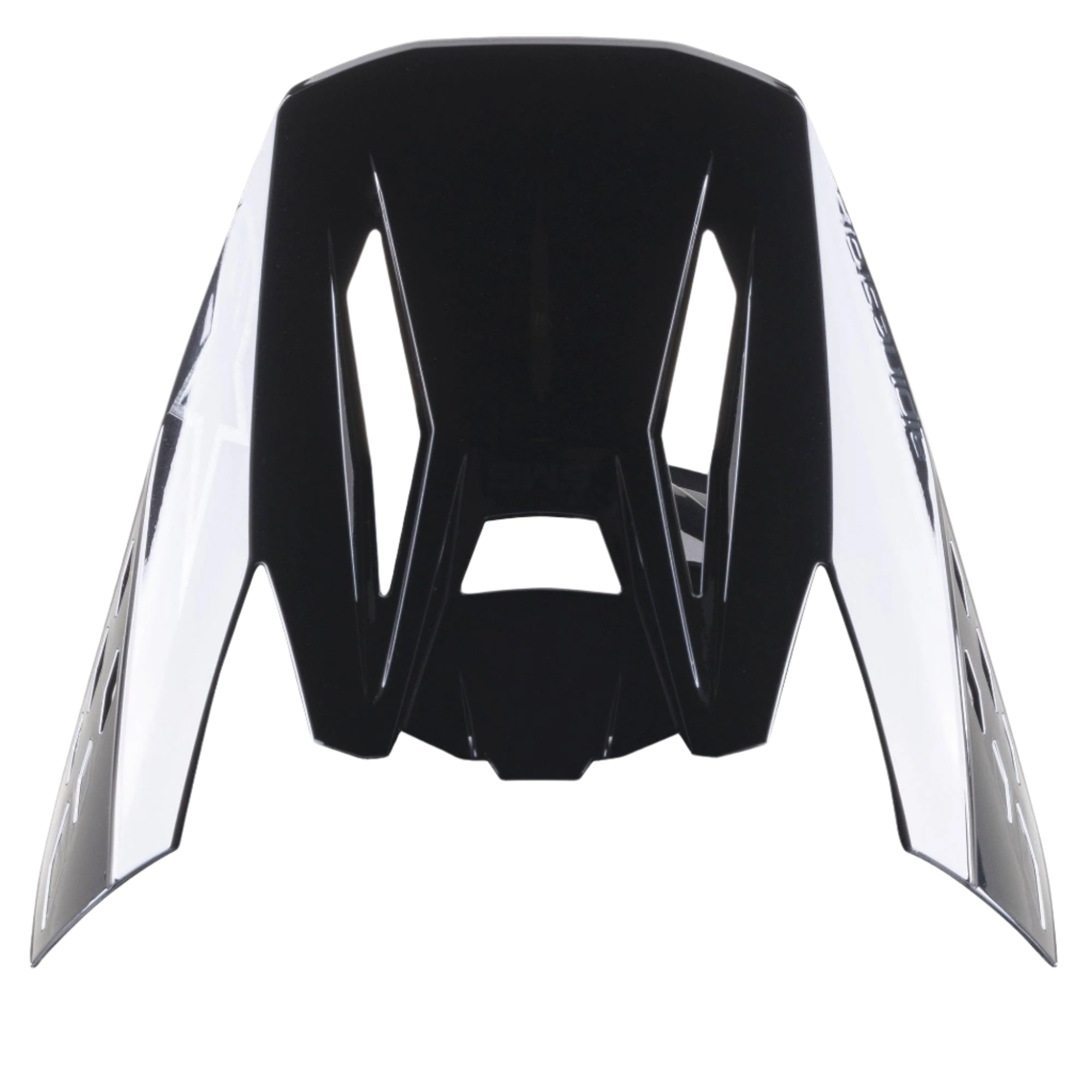 Alpinestars S-M5 Scout Visor, czarno-srebrny błyszczący daszek zamienny do kasków motocrossowych, aerodynamiczna konstrukcja z brandingiem po bokach i otworami wentylacyjnymi, wykończenie na wysoki połysk