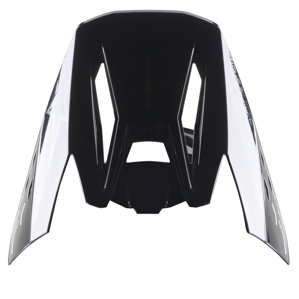 Alpinestars S-M5 Scout Helmet Visor, wymienny daszek, czarno-srebrny błyszczący, wyposażony w otwory aerodynamiczne i srebrne panele boczne z logo, błyszczące wykończenie, przeznaczony do kasków motocrossowych i enduro