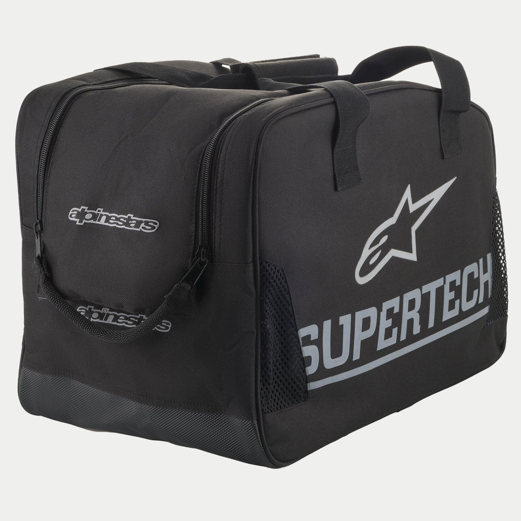 Alpinestars Supertech S-M10, usztywniana torba na kask motocyklowy, czarna i biała, z widocznym logo Supertech i napisem Alpinestars