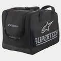 Alpinestars Supertech S-M10, usztywniana torba na kask motocyklowy, czarna i biała, z widocznym logo Supertech i napisem Alpinestars