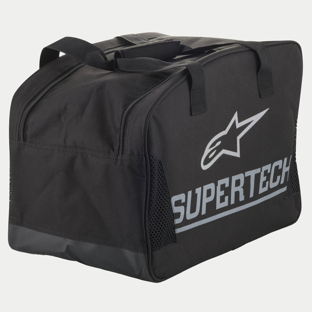 Alpinestars Supertech półsztywna torba na kask, czarna i srebrna, wytrzymała konstrukcja z uchwytami do przenoszenia i dużym logo Supertech