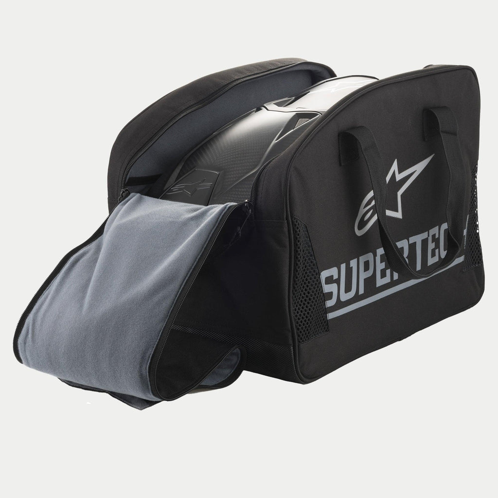 Alpinestars Supertech, czarna półsztywna torba na kask motocyklowy z dużym srebrnym logo i miękką wyściółką wnętrza