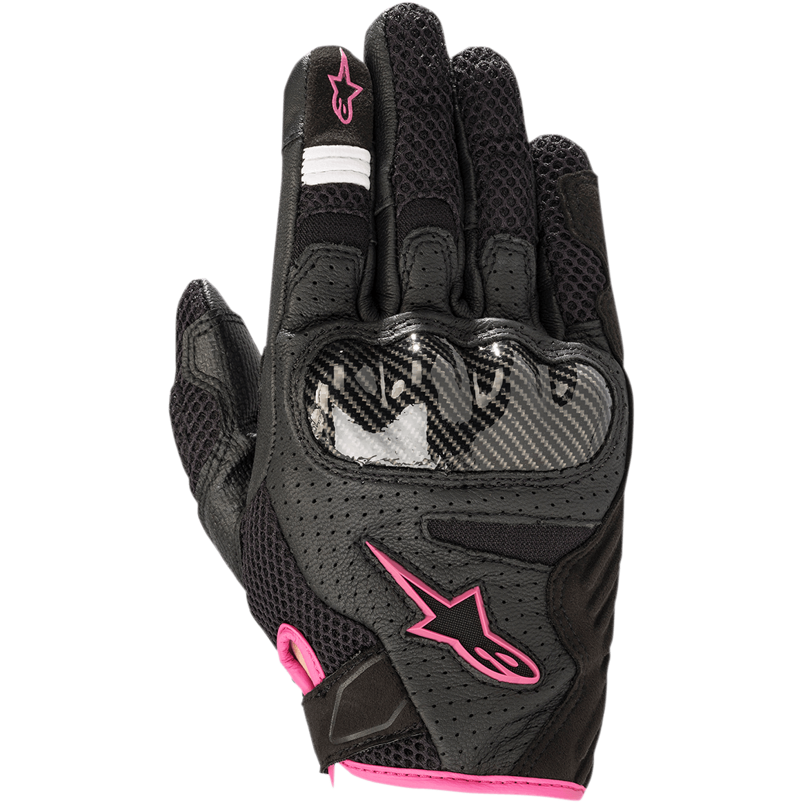 Alpinestars Stella SMX-1 Air V2, damskie rękawice motocyklowe, czarne z różowymi akcentami fuksja, ochraniacz kostek o teksturze włókna węglowego, konstrukcja z perforowanej skóry i siatki air-mesh, krótki mankiet