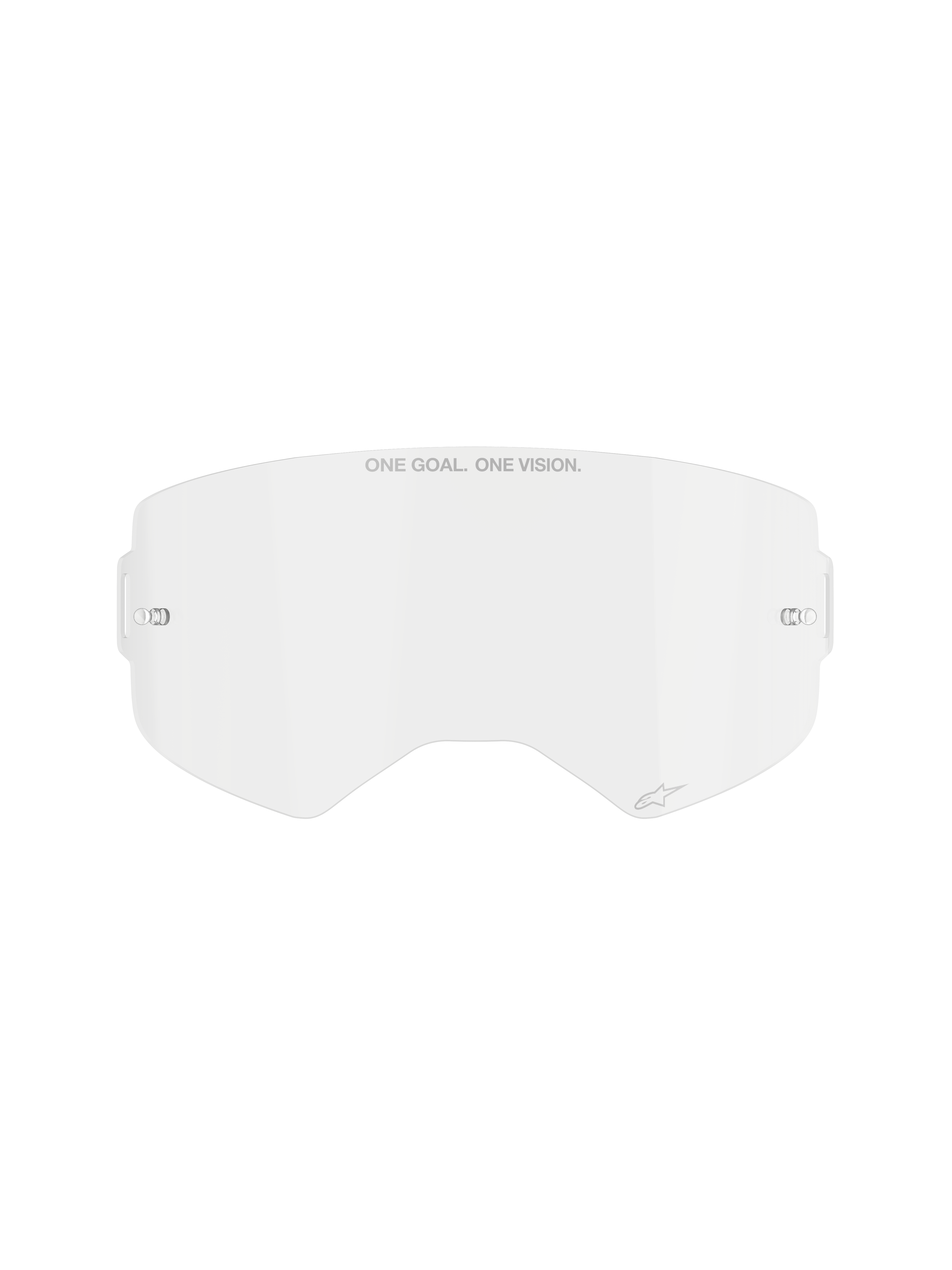 Alpinestars Supertech Clear Lens, wymienna soczewka do gogli motocrossowych, przezroczysty poliwęglan odporny na uderzenia, napis „ONE GOAL. ONE VISION.” na górze, małe logo, boczne punkty montażowe na zrywki