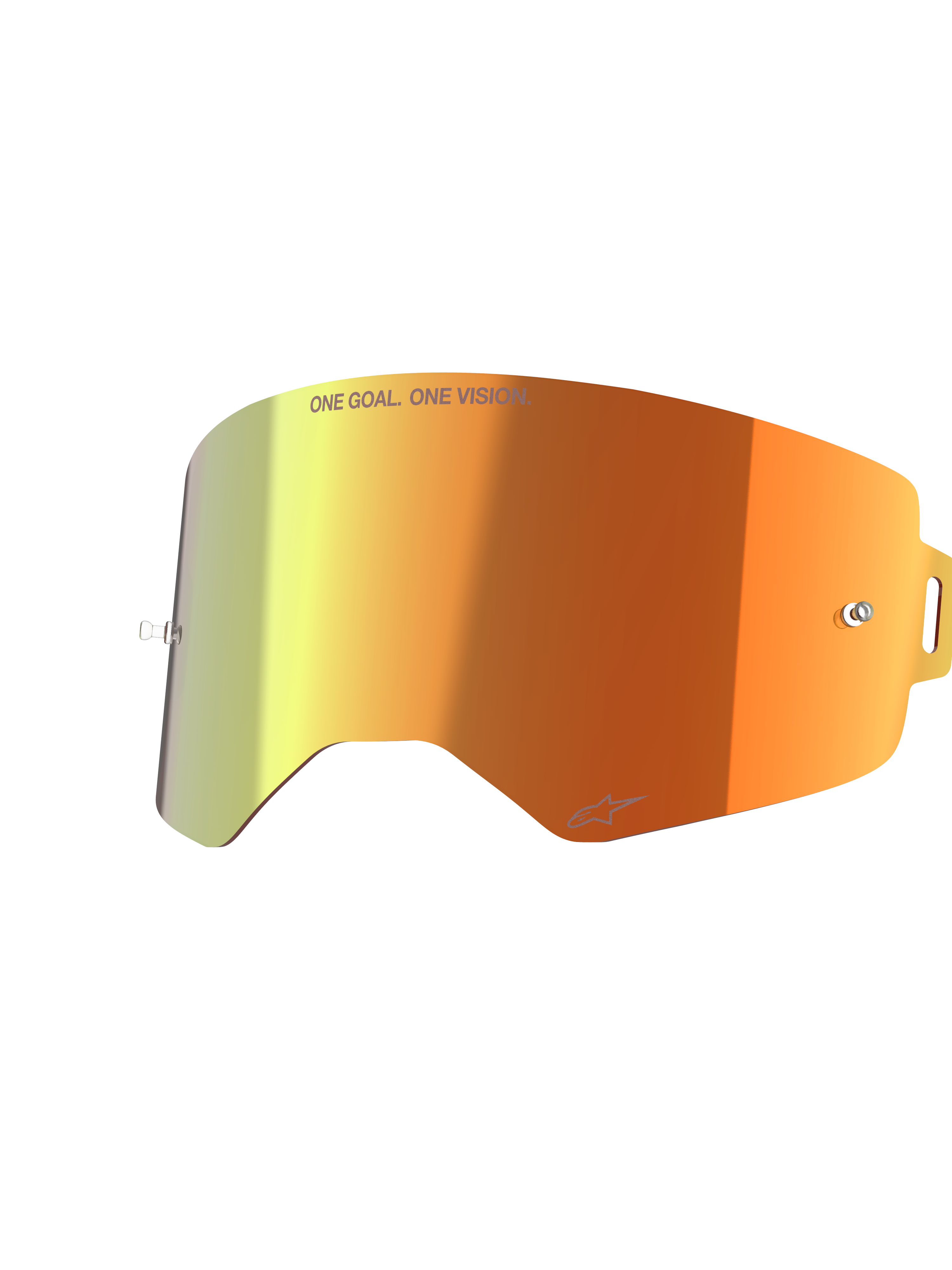 Alpinestars Supertech Mirror Lens, Goggles Replacement Accessory, Mirror Red with orange and yellow gradient, featuring 'ONE GOAL. ONE VISION.' text and Alpinestars logo, reflective finish with tear-off posts for motocross racing