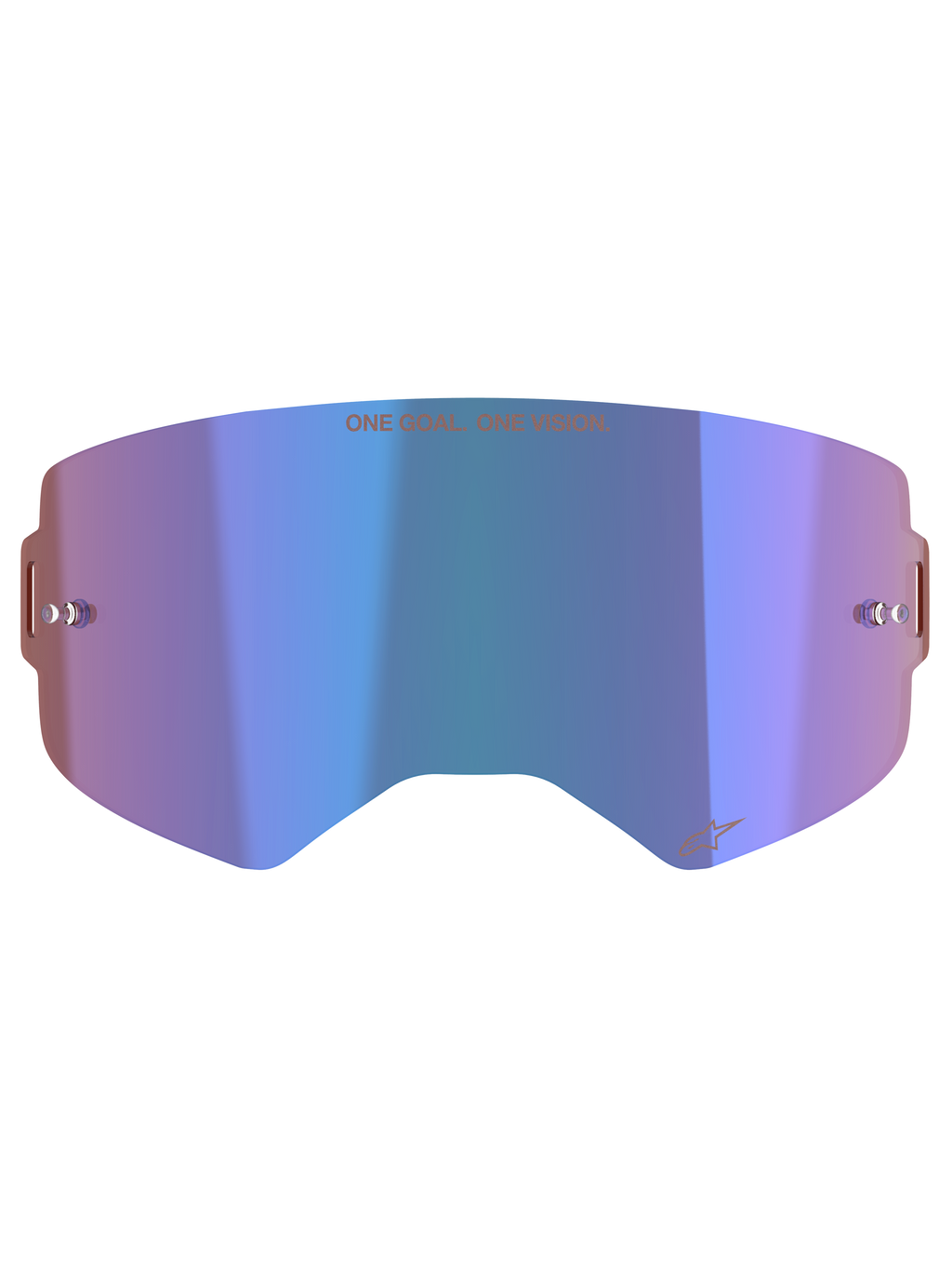 Alpinestars Supertech Mirror Lens, akcesorium do gogli motocrossowych, lustrzany niebieski z fioletowymi odcieniami, technologia Absolute Vision™, zintegrowane słupki do zrywek, slogan „ONE GOAL. ONE VISION.” na górze
