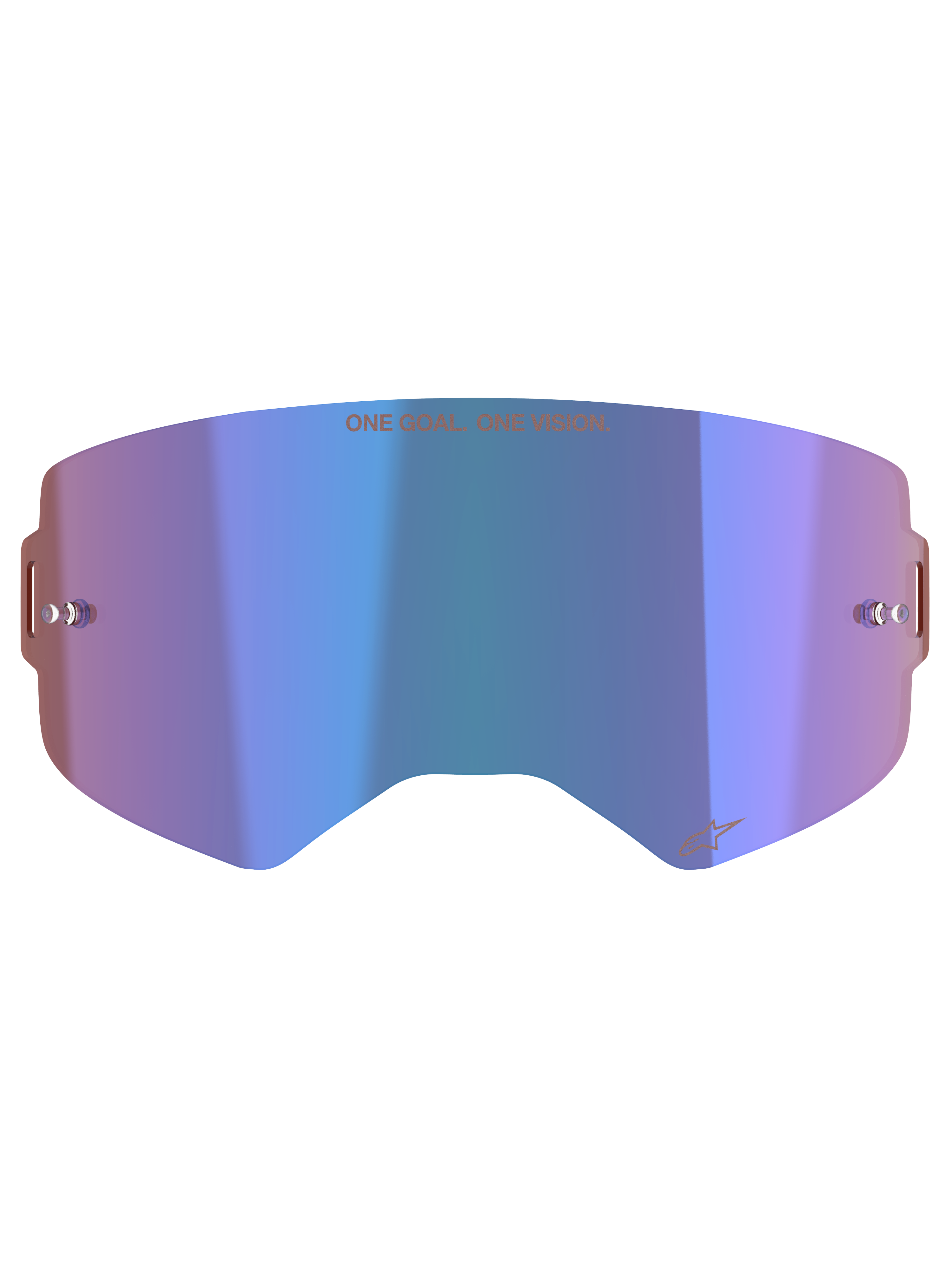 Alpinestars Supertech Mirror Lens, akcesorium do gogli motocrossowych, lustrzany niebieski z fioletowymi odcieniami, technologia Absolute Vision™, zintegrowane słupki do zrywek, slogan „ONE GOAL. ONE VISION.” na górze