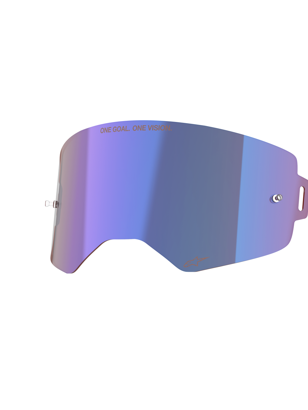 Alpinestars Supertech Mirror Lens, wymienna soczewka do gogli motocrossowych, niebieska lustrzana z fioletowym opalizującym wykończeniem, zintegrowane uchwyty na zrywki, napis „ONE GOAL. ONE VISION.” u góry i logo Alpinestars na dole, poliwęglan o wysokiej przejrzystości do wyścigów off-road