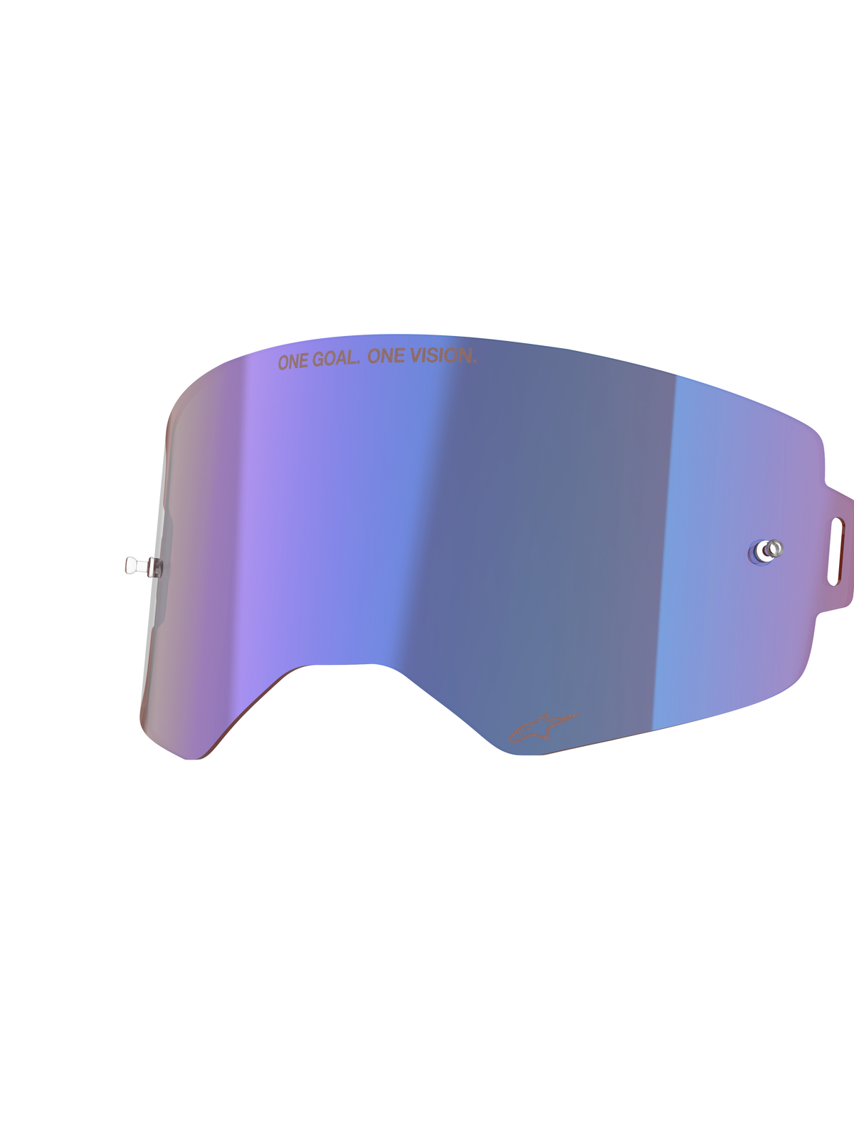Alpinestars Supertech Mirror Lens, wymienna soczewka do gogli motocrossowych, niebieska lustrzana z fioletowym opalizującym wykończeniem, zintegrowane uchwyty na zrywki, napis „ONE GOAL. ONE VISION.” u góry i logo Alpinestars na dole, poliwęglan o wysokiej przejrzystości do wyścigów off-road
