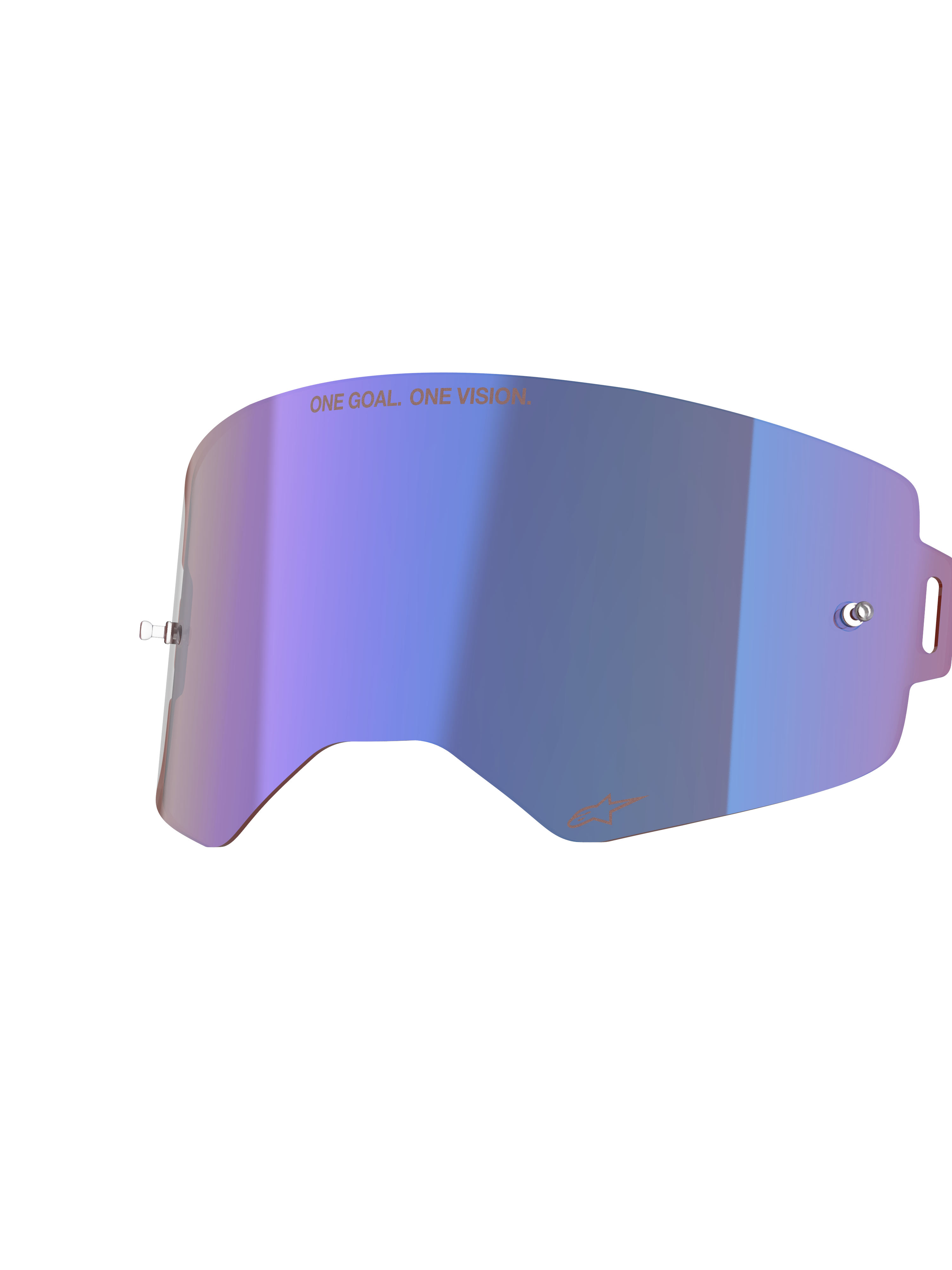 Alpinestars Supertech Mirror Lens, wymienna soczewka do gogli motocrossowych, niebieska lustrzana z fioletowym opalizującym wykończeniem, zintegrowane uchwyty na zrywki, napis „ONE GOAL. ONE VISION.” u góry i logo Alpinestars na dole, poliwęglan o wysokiej przejrzystości do wyścigów off-road
