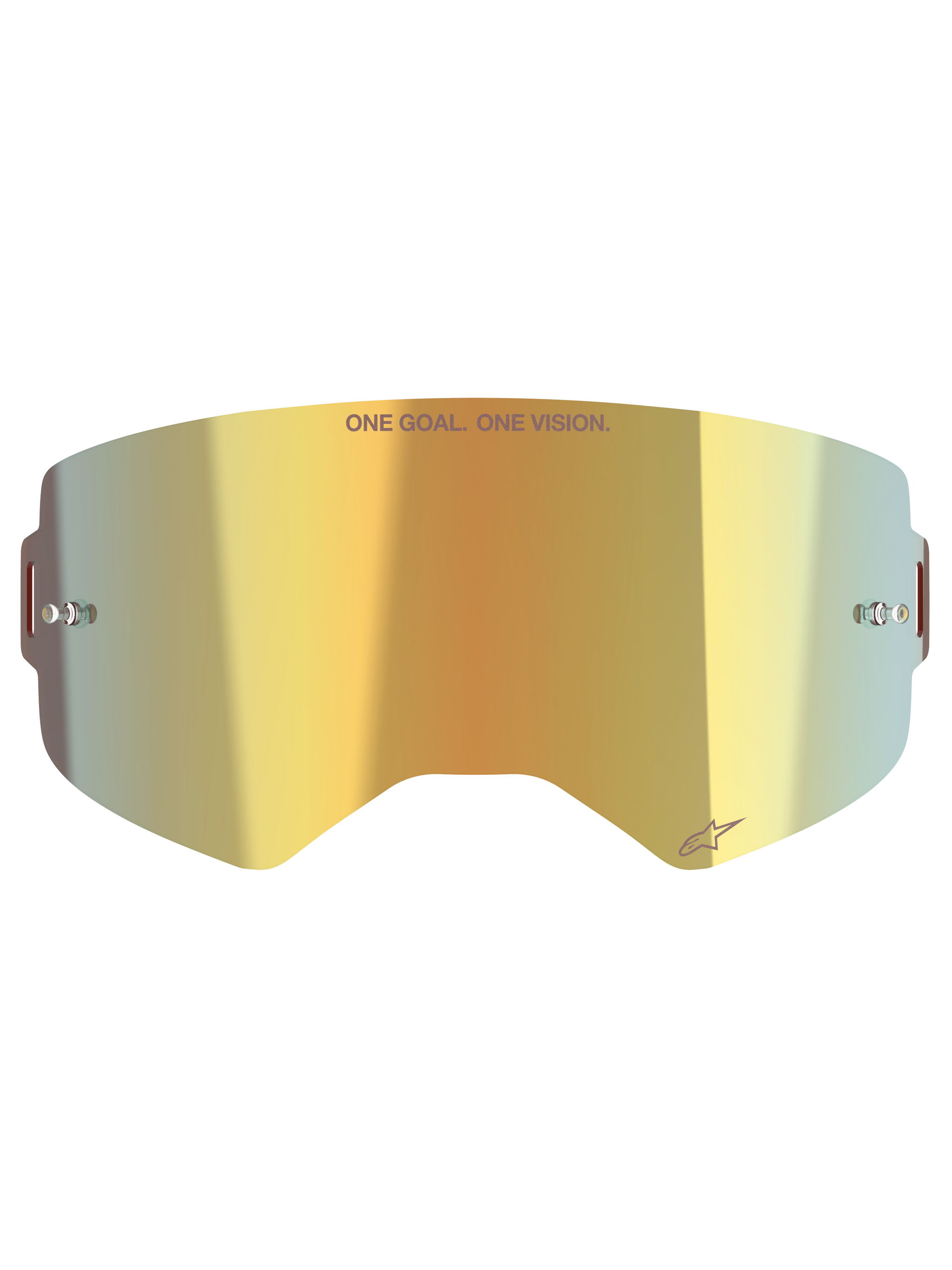 Alpinestars Supertech Mirror Lens, soczewka wymienna do gogli motocrossowych, złote lustrzane wykończenie Mirror Gold, z napisem „ONE GOAL. ONE VISION.” i logo Alpinestars, boczne słupki do zrywek, wykonana z wytrzymałego poliwęglanu do wyścigów off-road
