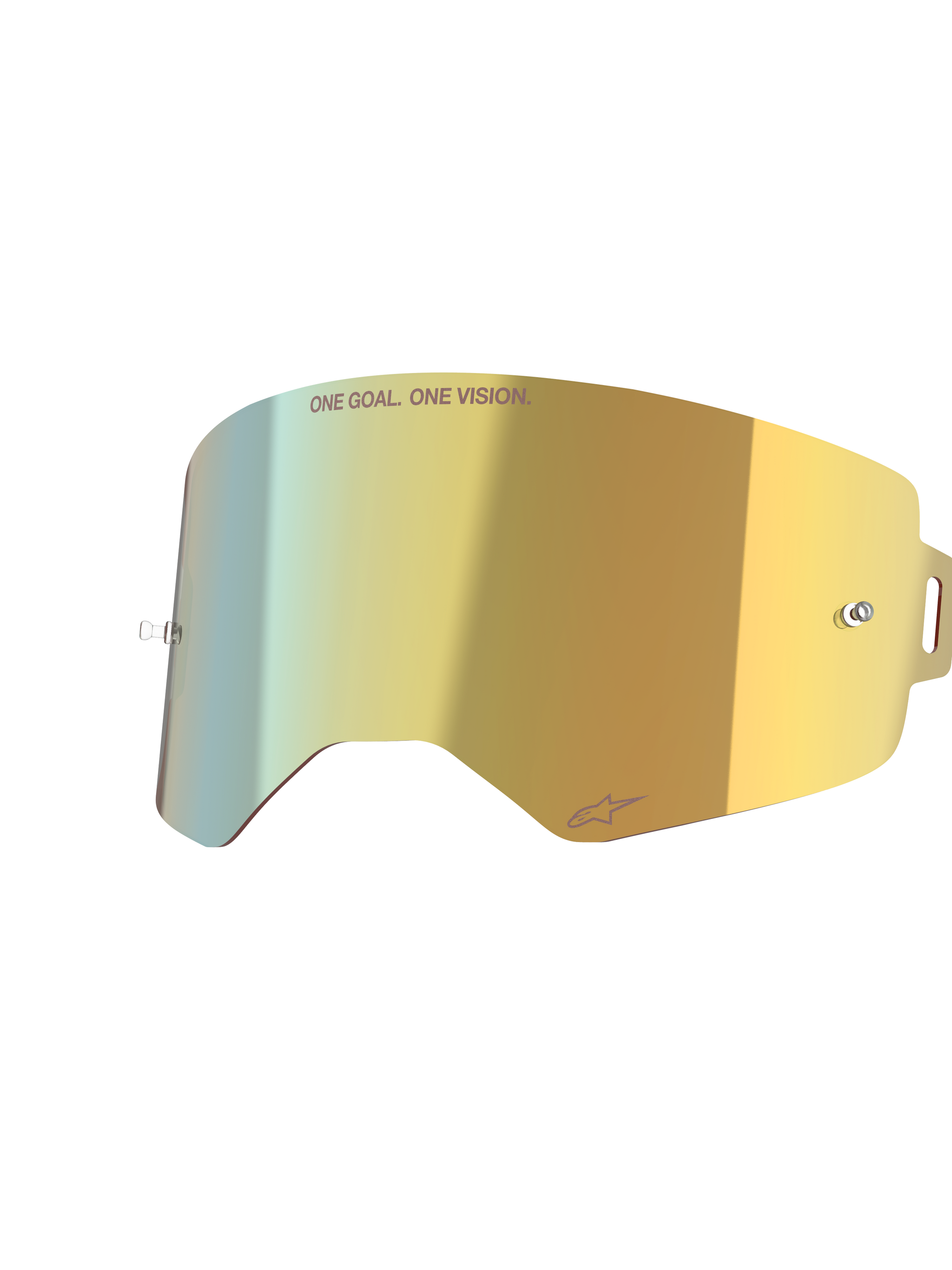 Alpinestars Supertech Mirror Lens, Mirror Gold, złota lustrzana wymienna soczewka do gogli, zintegrowane piny do zrywek, napis „ONE GOAL. ONE VISION.”, wysokiej jakości akcesorium motocrossowe o dużej przejrzystości