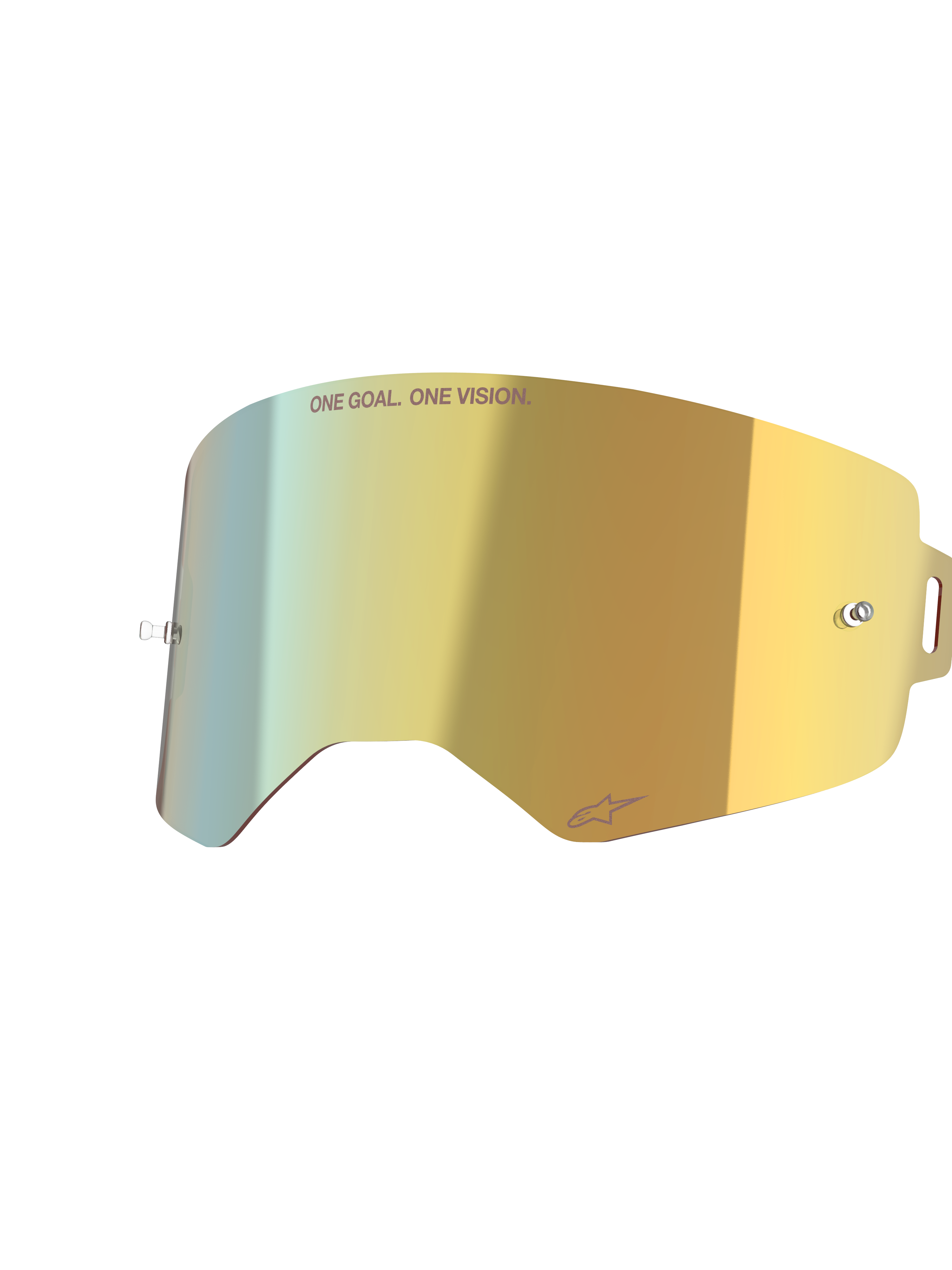 Alpinestars Supertech Mirror Lens, Mirror Gold, reflective replacement goggle lens with integrated tear-off posts and 'ONE GOAL. ONE VISION.' text, high-clarity motocross accessory.