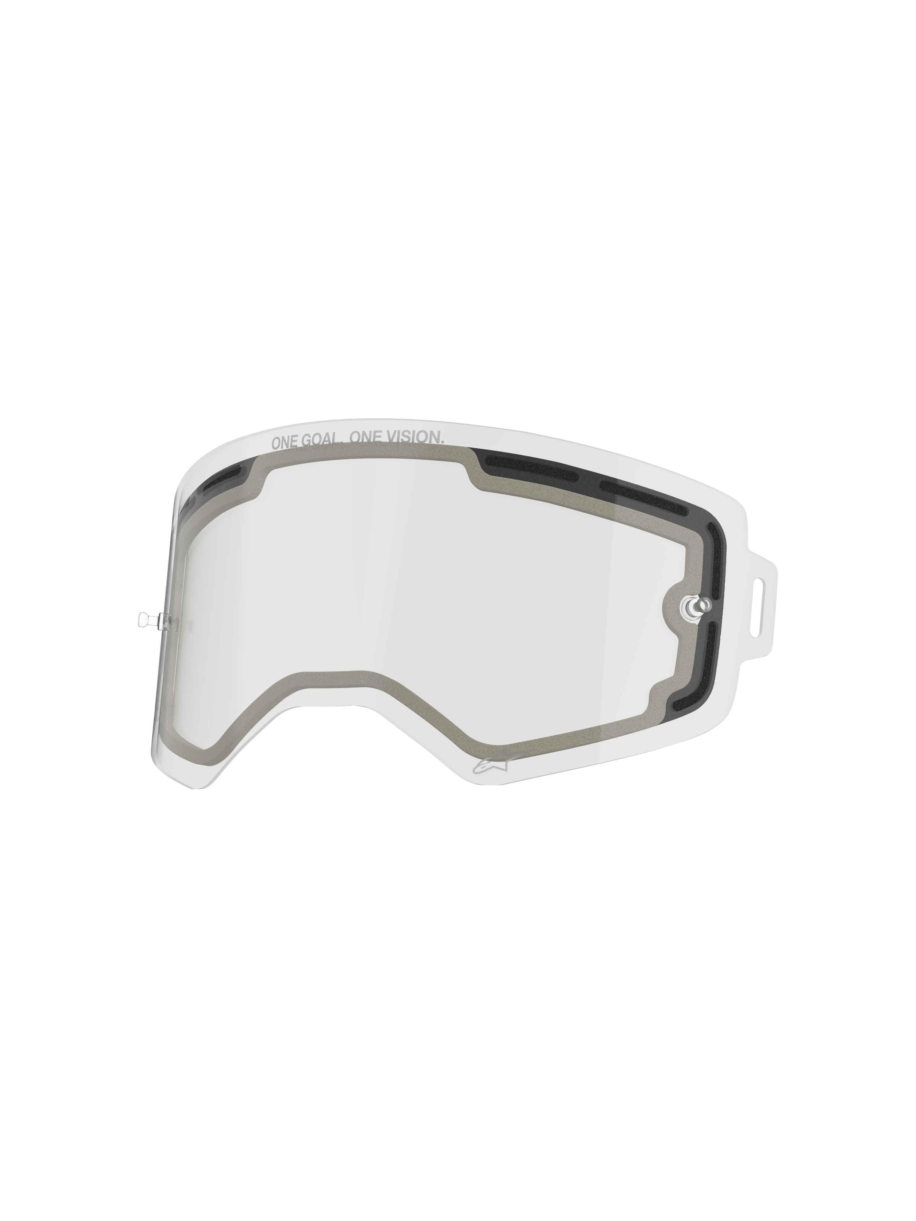 Alpinestars Supertech Double Pane Lens, Clear Replacement Goggle Lens, Vented dual-pane design with gray foam seal, featuring "ONE GOAL. ONE VISION." text, impact-resistant polycarbonate for motocross performance