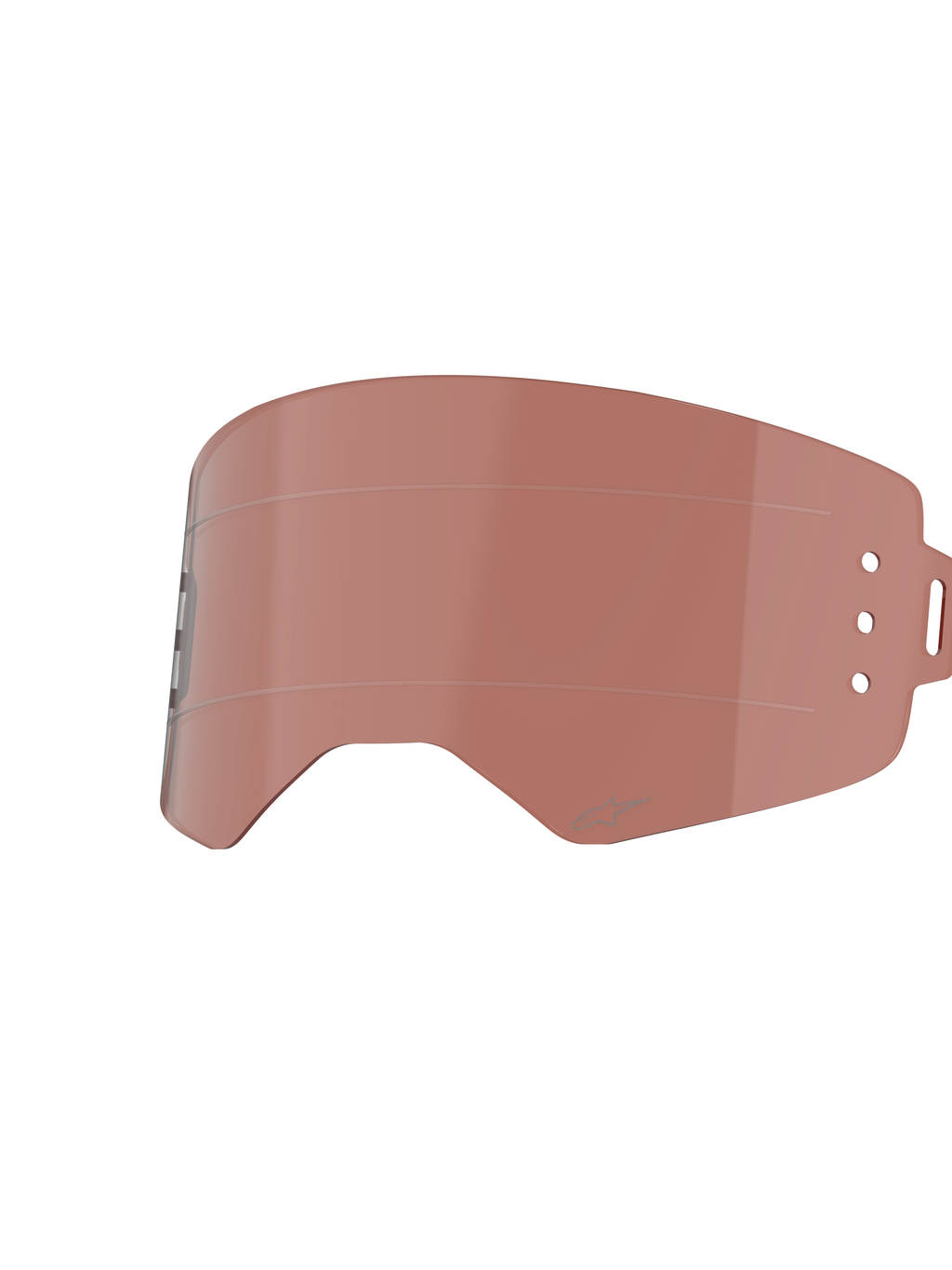 Alpinestars Supertech Roll-Off Lens, Copper Rose tint, replacement lens for motocross goggles, featuring horizontal glide lines and mounting holes for roll-off canisters, durable polycarbonate construction for off-road racing