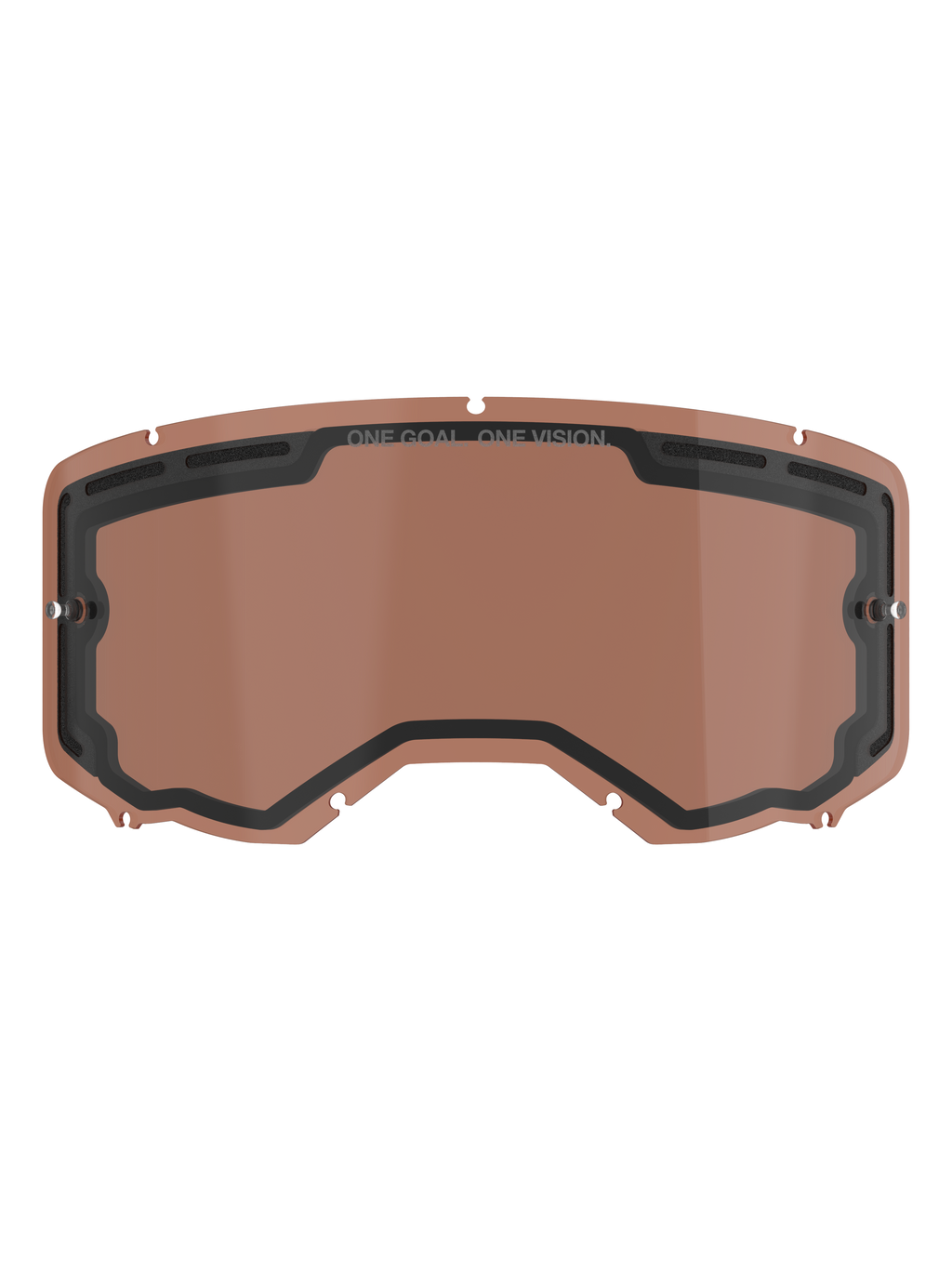 Alpinestars Vision 8-5-3 Dual Pane Vented Lens, wymienna soczewka do gogli motocrossowych w kolorze Copper Rose, wyposażona w zintegrowane słupki do zrywek, górne otwory wentylacyjne oraz branding ONE GOAL ONE VISION