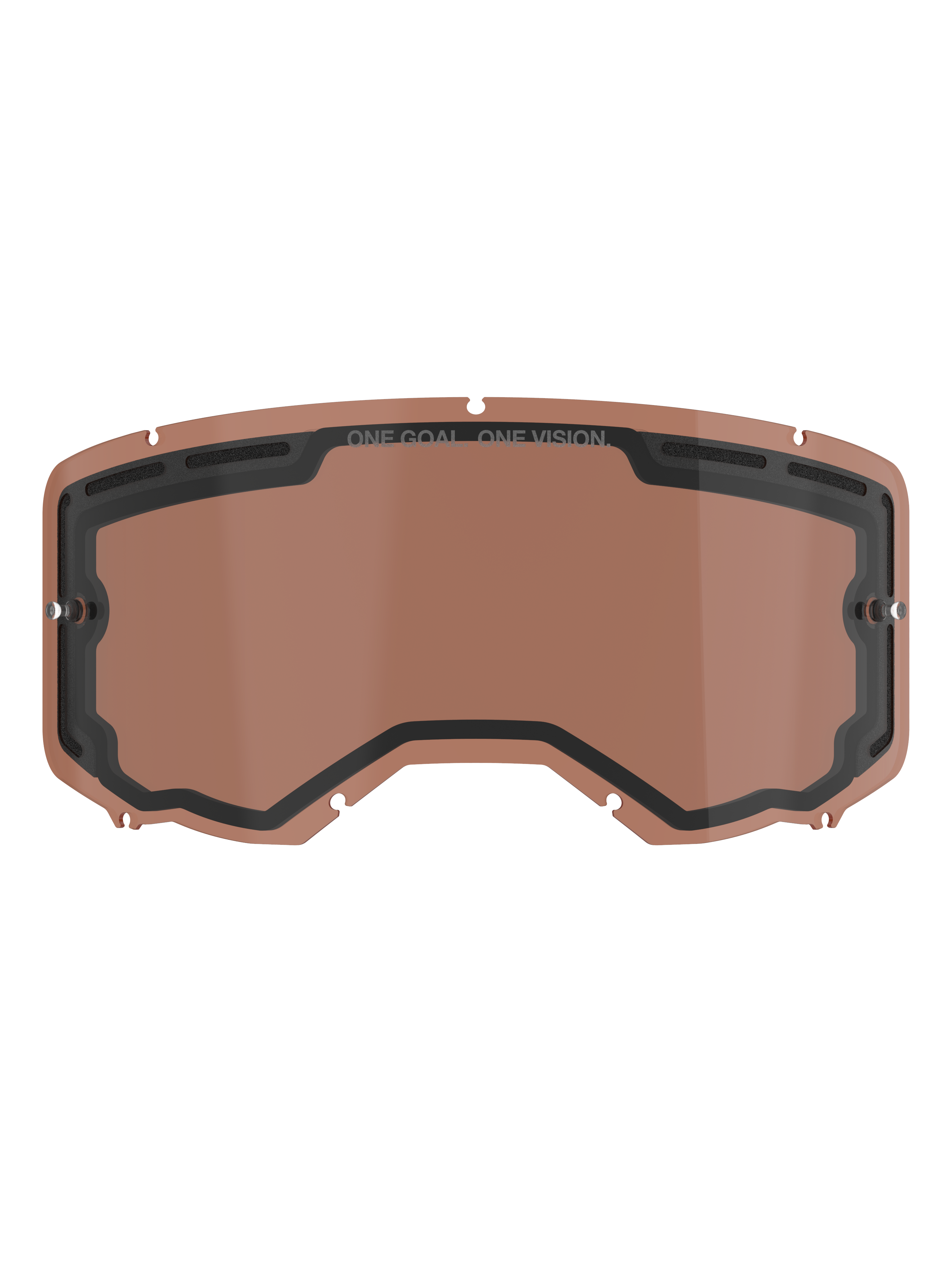 Alpinestars Vision 8-5-3 Dual Pane Vented Lens, wymienna soczewka do gogli motocrossowych w kolorze Copper Rose, wyposażona w zintegrowane słupki do zrywek, górne otwory wentylacyjne oraz branding ONE GOAL ONE VISION