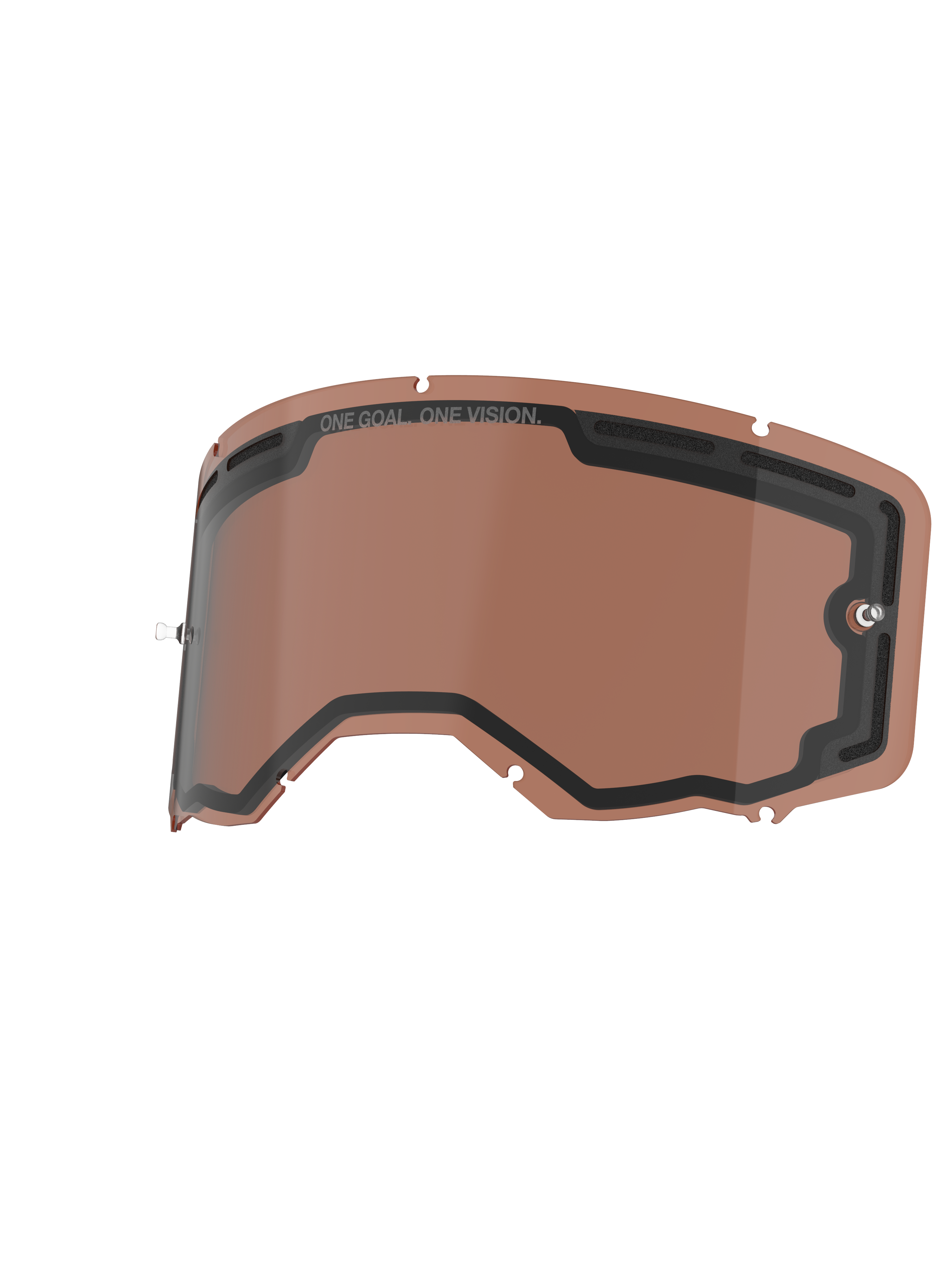 Alpinestars Vision 8-5-3 Dual Pane Lens, wymienna soczewka do gogli, kolor Copper Rose, wentylowana podwójna konstrukcja z czarną uszczelką, posiada napis „ONE GOAL. ONE VISION.” i zintegrowane słupki do zrywek, wytrzymały poliwęglan do jazdy off-road