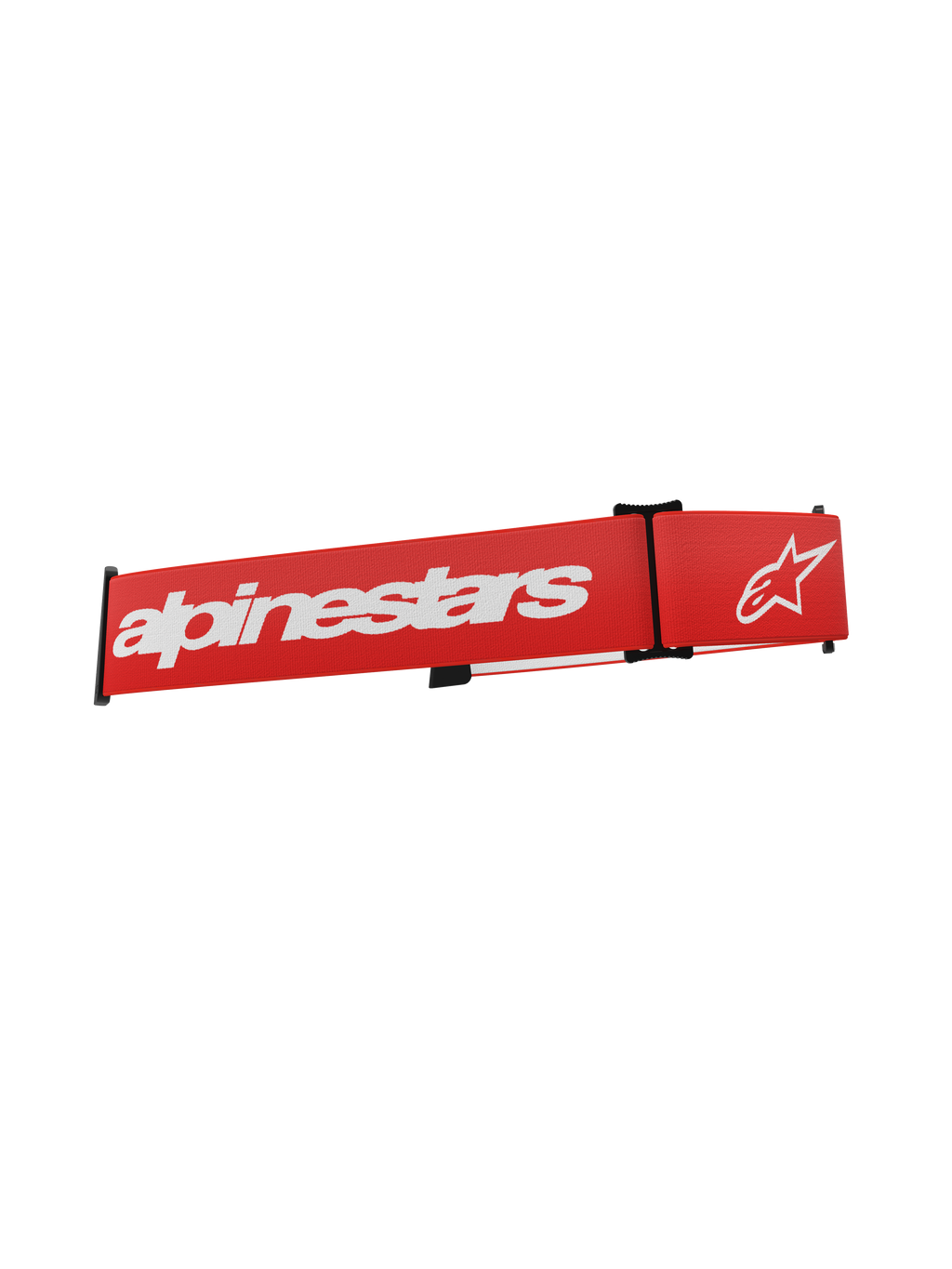 Alpinestars Supertech Goggles Strap, czerwony zamienny pasek do gogli motocrossowych z białym logo i napisem Alpinestars, czarne klipsy regulacyjne, elastyczna tkana tkanina