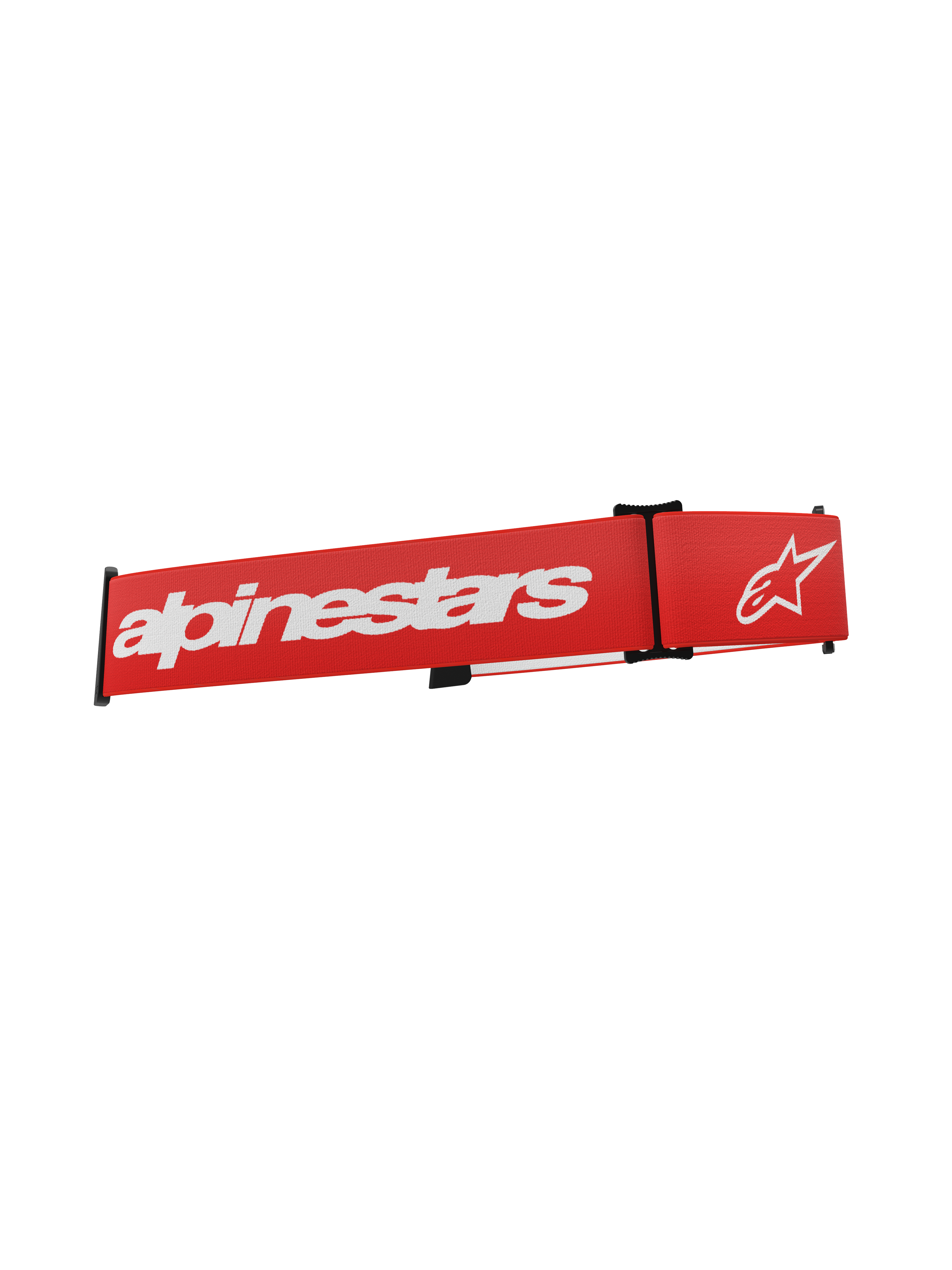 Alpinestars Supertech Goggles Strap, czerwony zamienny pasek do gogli motocrossowych z białym logo i napisem Alpinestars, czarne klipsy regulacyjne, elastyczna tkana tkanina
