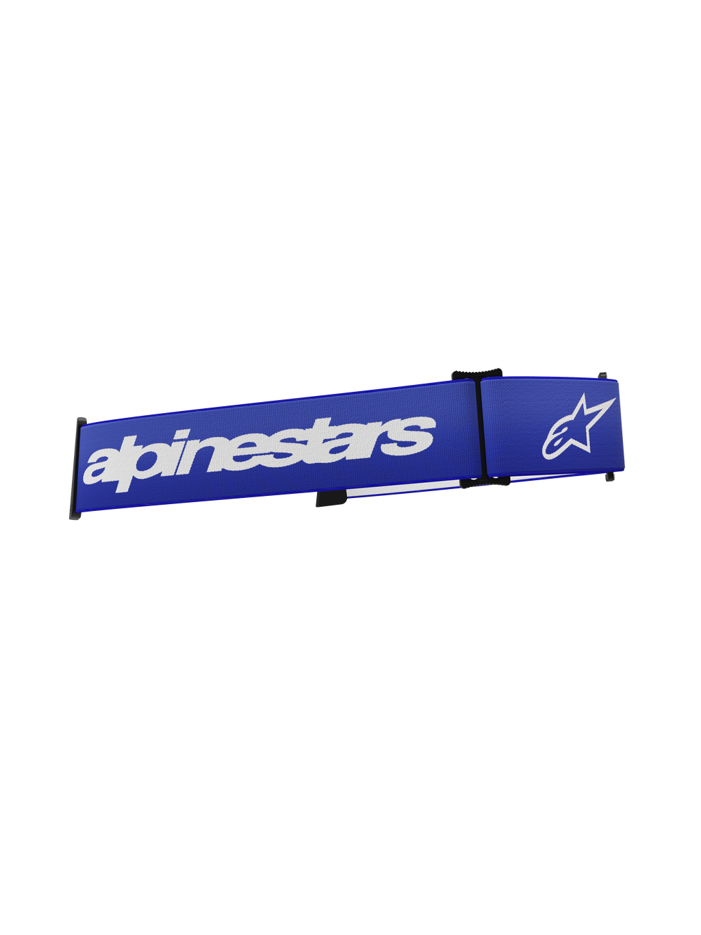 Alpinestars Supertech Goggles Strap, akcesorium do gogli motocrossowych, niebiesko-biały, wyraźny biały napis Alpinestars i logo gwiazdy na intensywnie niebieskiej tkanej taśmie, pasek zamienny z systemem zatrzaskowym click-on do wyścigów terenowych