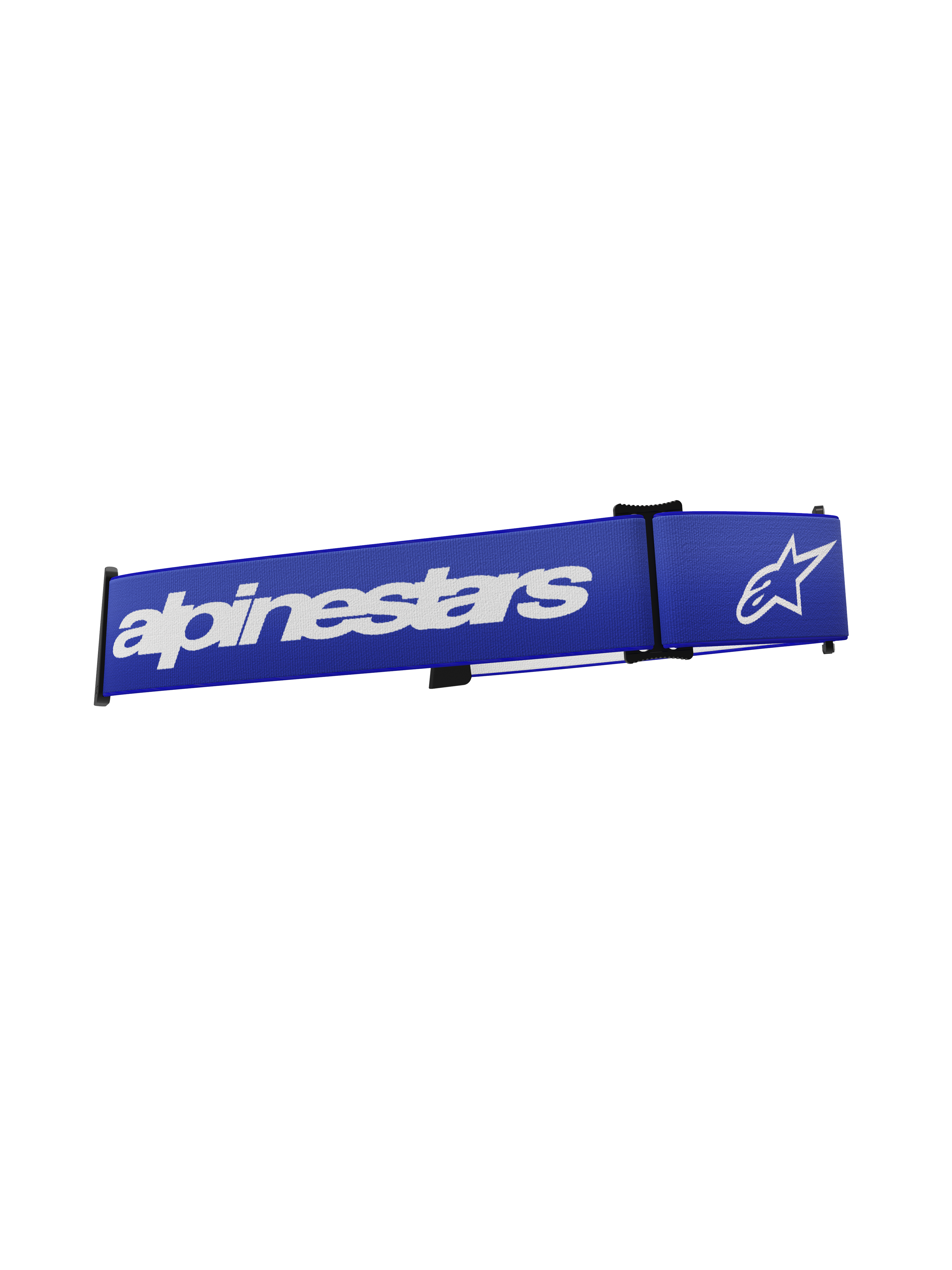 Alpinestars Supertech Goggles Strap, akcesorium do gogli motocrossowych, niebiesko-biały, wyraźny biały napis Alpinestars i logo gwiazdy na intensywnie niebieskiej tkanej taśmie, pasek zamienny z systemem zatrzaskowym click-on do wyścigów terenowych