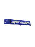 Alpinestars Supertech Goggles Strap, zamienny pasek do gogli motocrossowych, niebiesko-biały, wyraźne białe logo Alpinestars i znak gwiazdy, czarny klin ISP i zaczepy do ramki, wytrzymała tkana tekstura