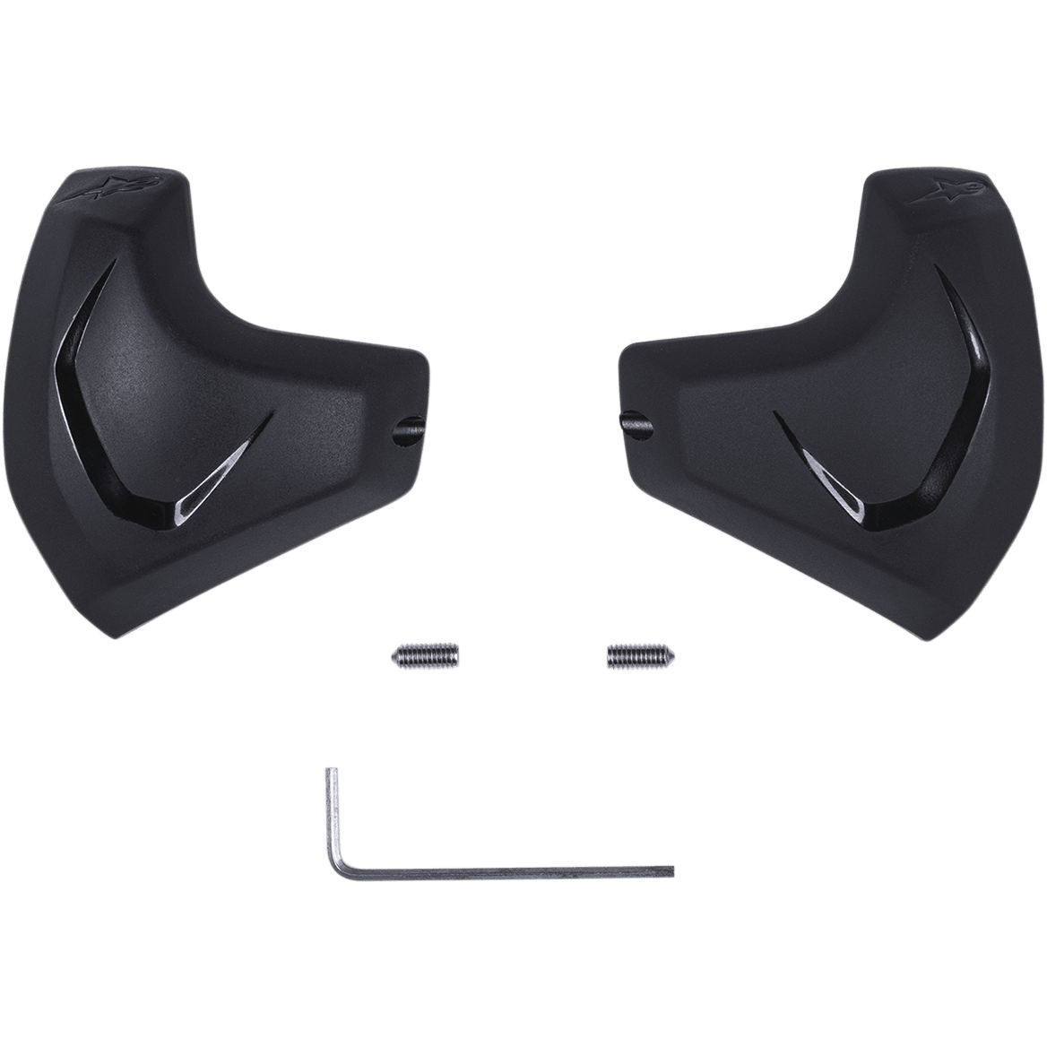 Alpinestars Elbow Sliders, czarne, motocyklowe wkładki ochraniaczy łokci, dwa anatomicznie ukształtowane slidery z PU z błyszczącymi akcentami, w zestawie śruby montażowe i klucz imbusowy, części zamienne do skórzanych kombinezonów wyścigowych
