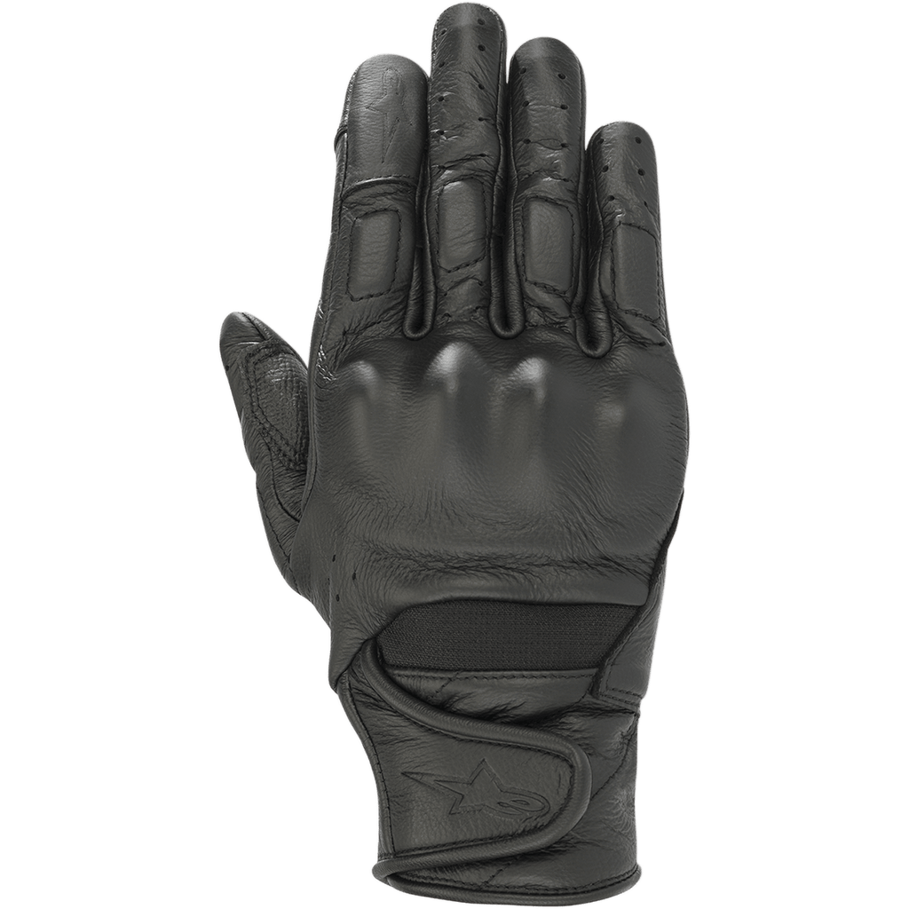 Alpinestars Stella Vika V2 Gloves, Women's Motorcycle Gloves, Black Leather, featuring perforated fingers for ventilation, viscoelastic knuckle protection, and a short cuff with a Velcro strap and star logo