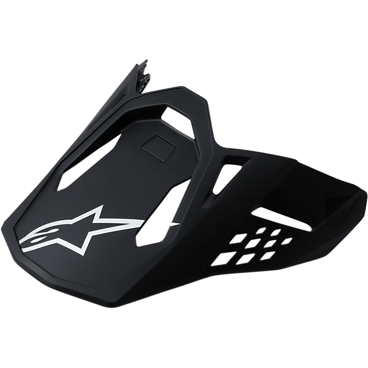 Alpinestars Supertech M10/M8 Visor, wymienny daszek do kasku motocrossowego, matowe czarne wykończenie, białe logo A-star, aerodynamiczna konstrukcja z wycięciami wentylacyjnymi