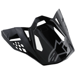 Alpinestars S-M8 Helmet Visor Radium, błyszczący czarny daszek do kasku motocyklowego z szarym logo Alpinestars, aerodynamiczne kanciaste wycięcia i ostre krawędzie, nowoczesny styl wyścigowy do kasków off-road