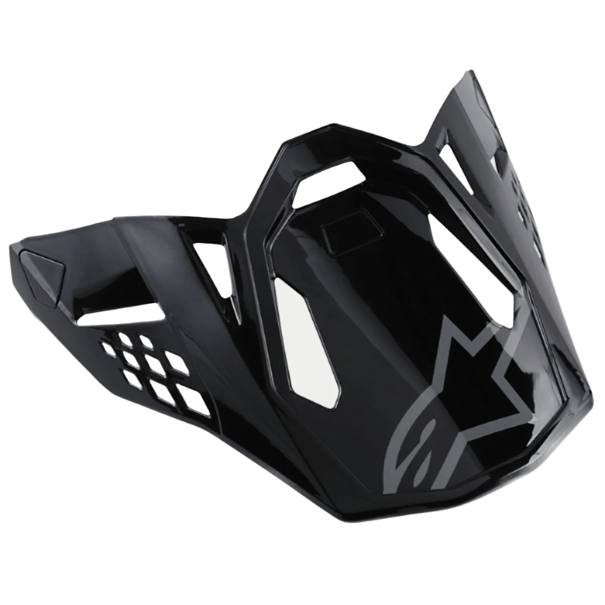 Alpinestars S-M8 Helmet Visor Radium, błyszczący czarny daszek do kasku motocyklowego z szarym logo Alpinestars, aerodynamiczne kanciaste wycięcia i ostre krawędzie, nowoczesny styl wyścigowy do kasków off-road