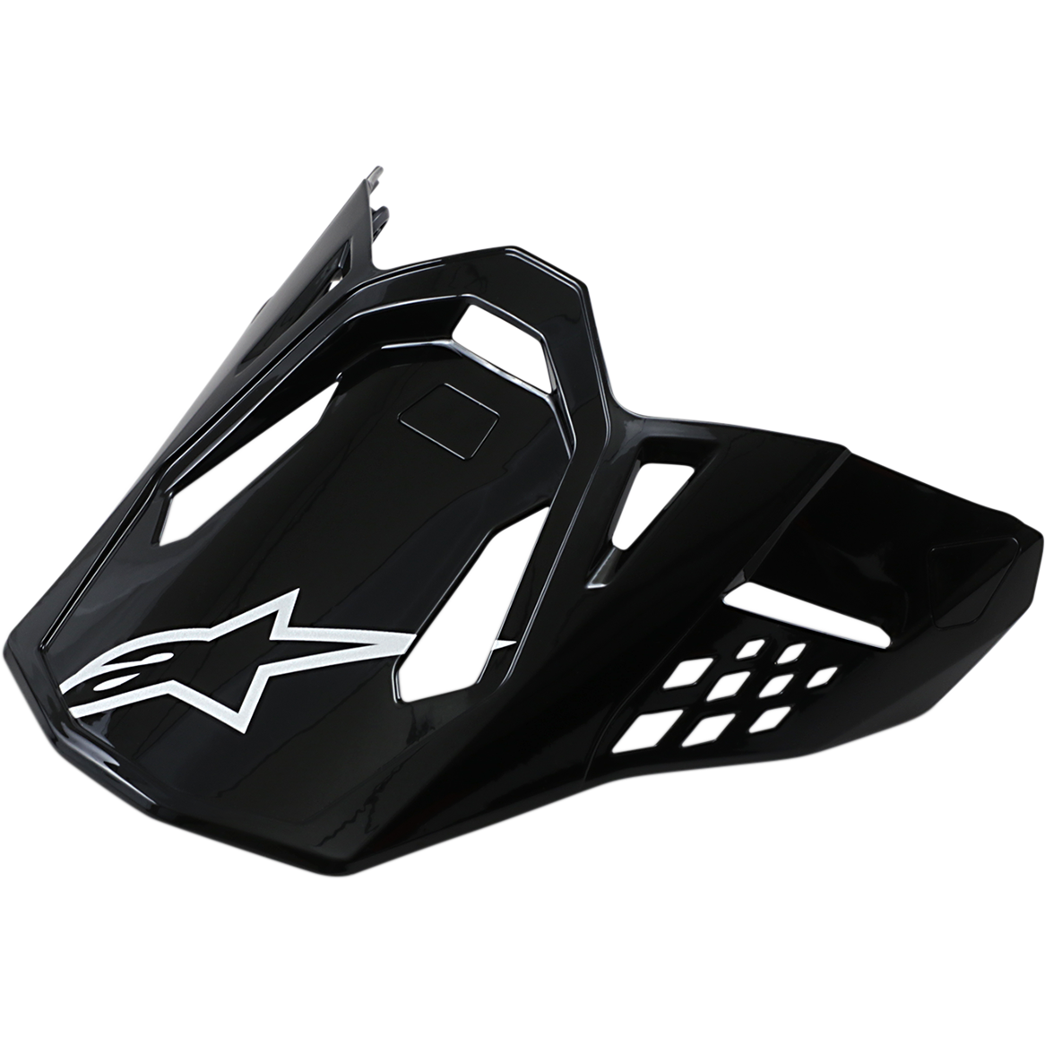 Alpinestars Supertech M10/M8 Visor, daszek do kasku motocrossowego, czarny błyszczący z białym logo gwiazdy, aerodynamiczny design z wycięciami wentylacyjnymi
