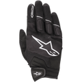 Alpinestars Atom Gloves, lekkie rękawice motocyklowe, czarno-białe, z dużym białym logo gwiazdy na grzbiecie dłoni, panele z siatki dla wentylacji, wyściełane kostki i bezpieczne zapięcie na rzep na nadgarstku