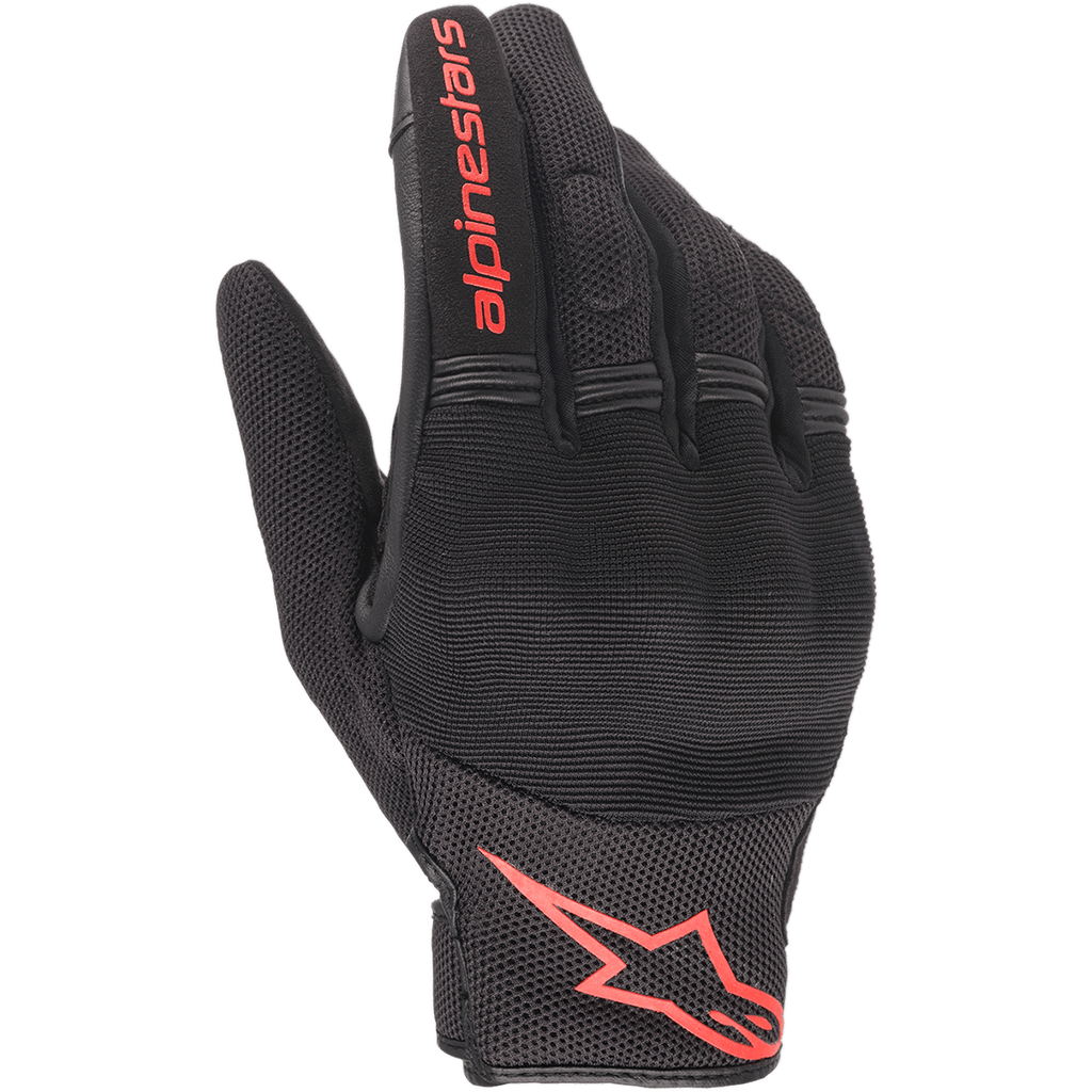 Rękawice Alpinestars Copper, miejskie rękawice motocyklowe, czarno-czerwone fluo, z czerwonym logo Astars i napisem, konstrukcja z siateczki i spandexu z wyściełanymi kostkami, lekka odzież do codziennej jazdy