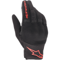 Rękawice Alpinestars Copper, miejskie rękawice motocyklowe, czarno-czerwone fluo, z czerwonym logo Astars i napisem, konstrukcja z siateczki i spandexu z wyściełanymi kostkami, lekka odzież do codziennej jazdy