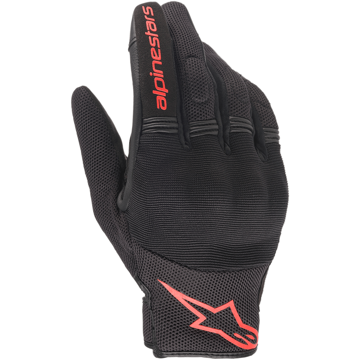 Rękawice Alpinestars Copper, miejskie rękawice motocyklowe, czarno-czerwone fluo, z czerwonym logo Astars i napisem, konstrukcja z siateczki i spandexu z wyściełanymi kostkami, lekka odzież do codziennej jazdy