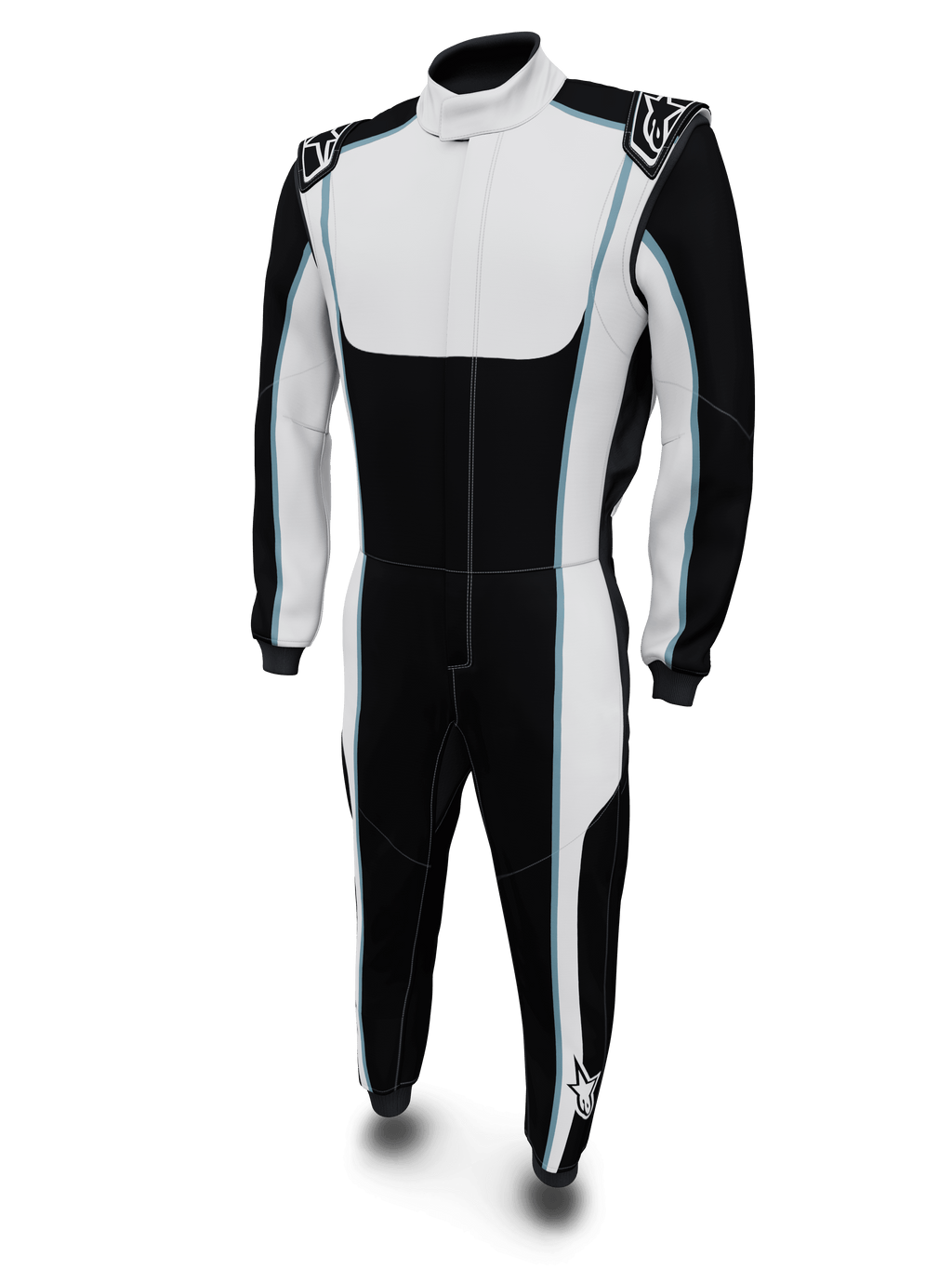 Alpinestars Tech Vision V3, kombinezon custom wyścigowy samochodowy, unisex, czarno-biały z niebieskimi akcentami, ognioodporna tkanina Nomex, certyfikat FIA