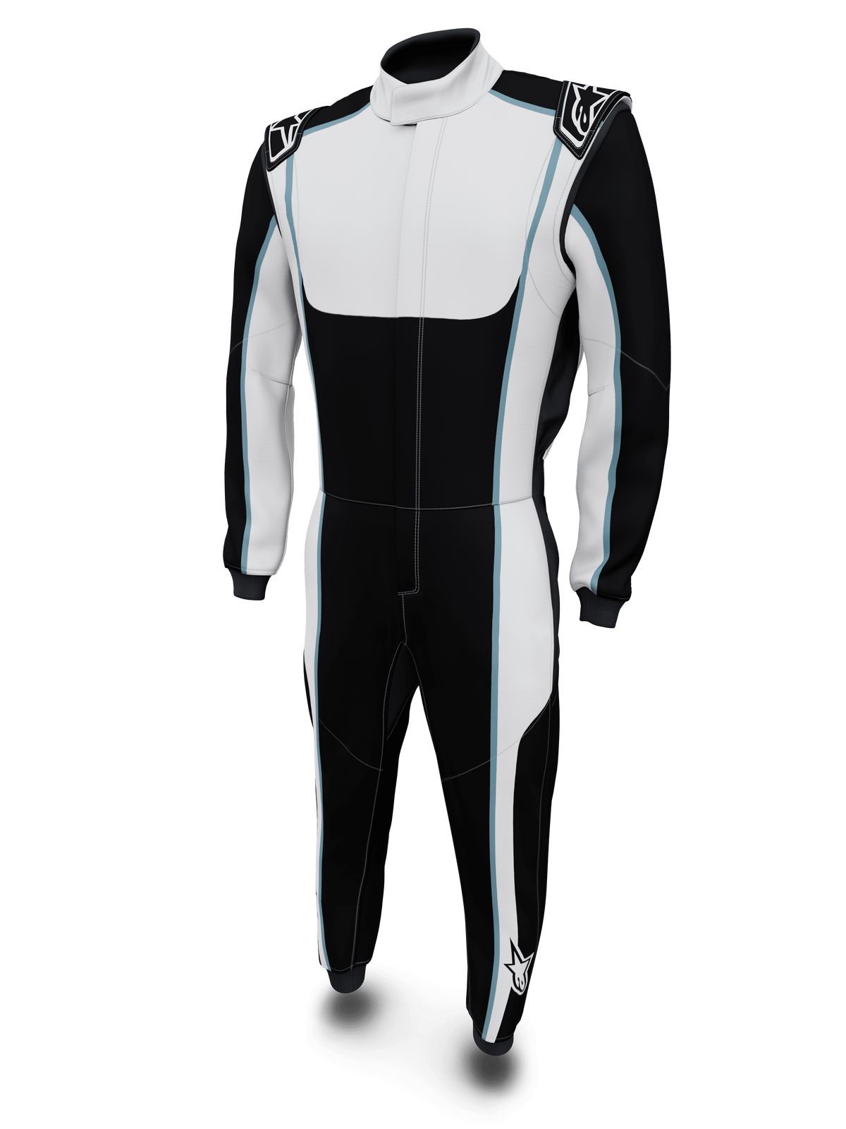 Alpinestars Tech Vision V3 Custom Suit, profesjonalny kombinezon wyścigowy, czarno-biały z jasnoniebieskimi akcentami, wysoki kołnierz, naszywki z logo na ramionach, ognioodporna konstrukcja, widok na całą sylwetkę