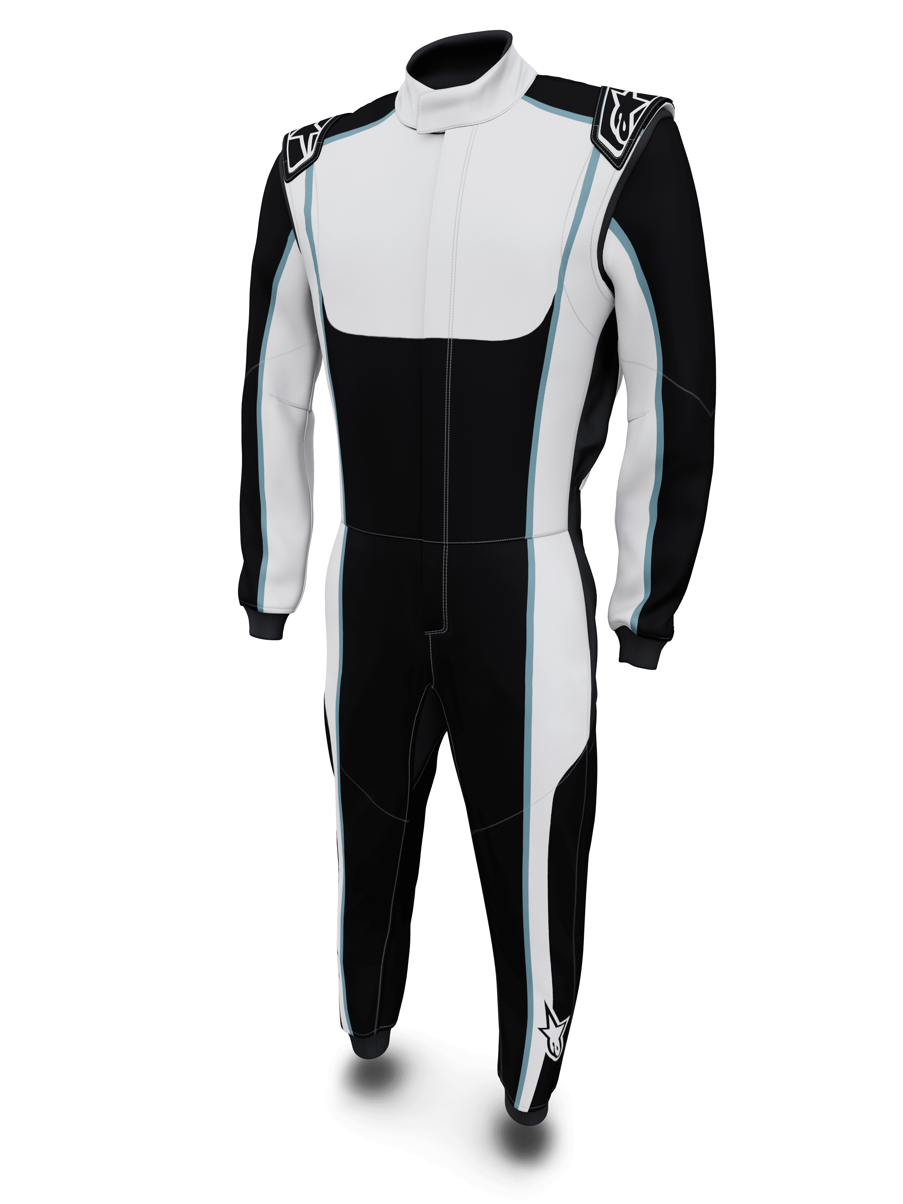 Alpinestars Tech Vision V3, kombinezon custom wyścigowy samochodowy, unisex, czarno-biały z niebieskimi akcentami, ognioodporna tkanina Nomex, certyfikat FIA