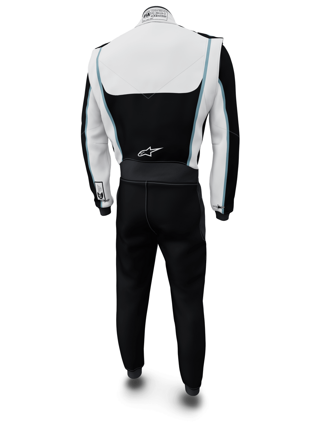 Alpinestars Tech Vision V3 Custom Suit, kombinezon samochodowy, biało-czarny z jasnoniebieskimi akcentami, widok z tyłu, logo Alpinestars na dole pleców i etykieta certyfikacji FIA na kołnierzu, profesjonalna ognioodporna odzież wyścigowa o konstrukcji Nomex