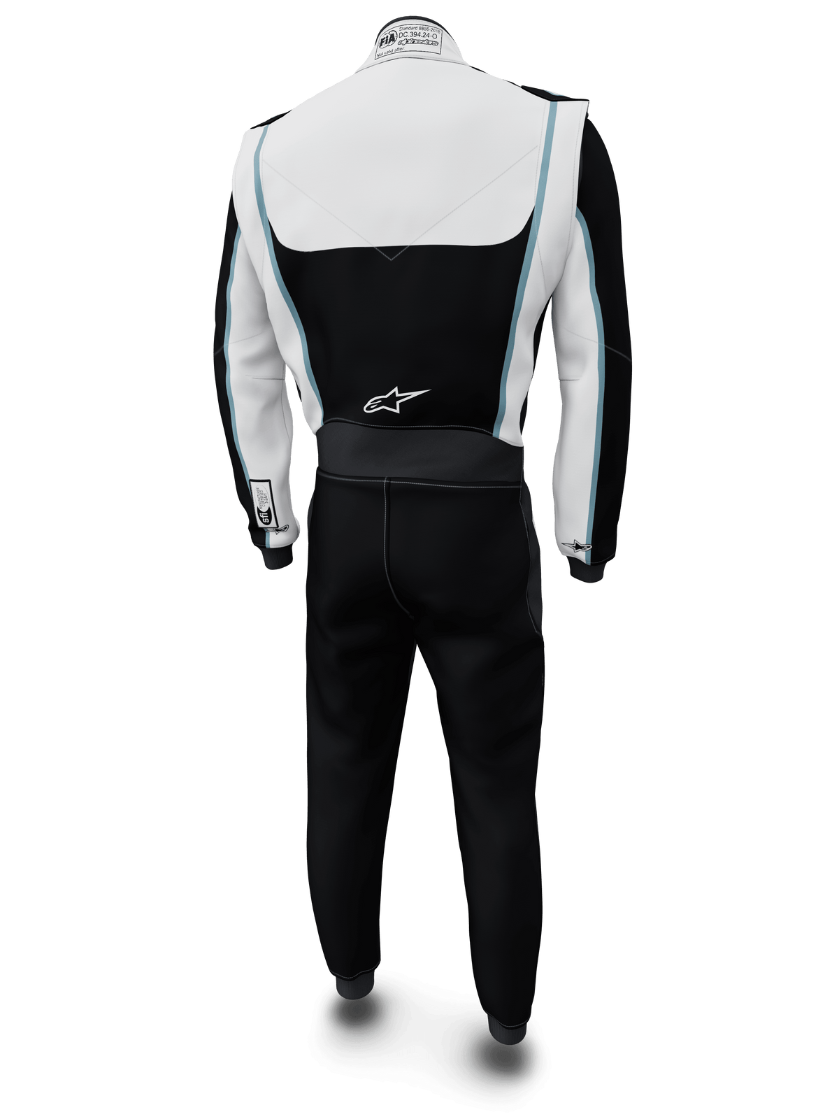 Alpinestars Tech Vision V3 Custom Suit, kombinezon samochodowy, biało-czarny z jasnoniebieskimi akcentami, widok z tyłu, logo Alpinestars na dole pleców i etykieta certyfikacji FIA na kołnierzu, profesjonalna ognioodporna odzież wyścigowa o konstrukcji Nomex