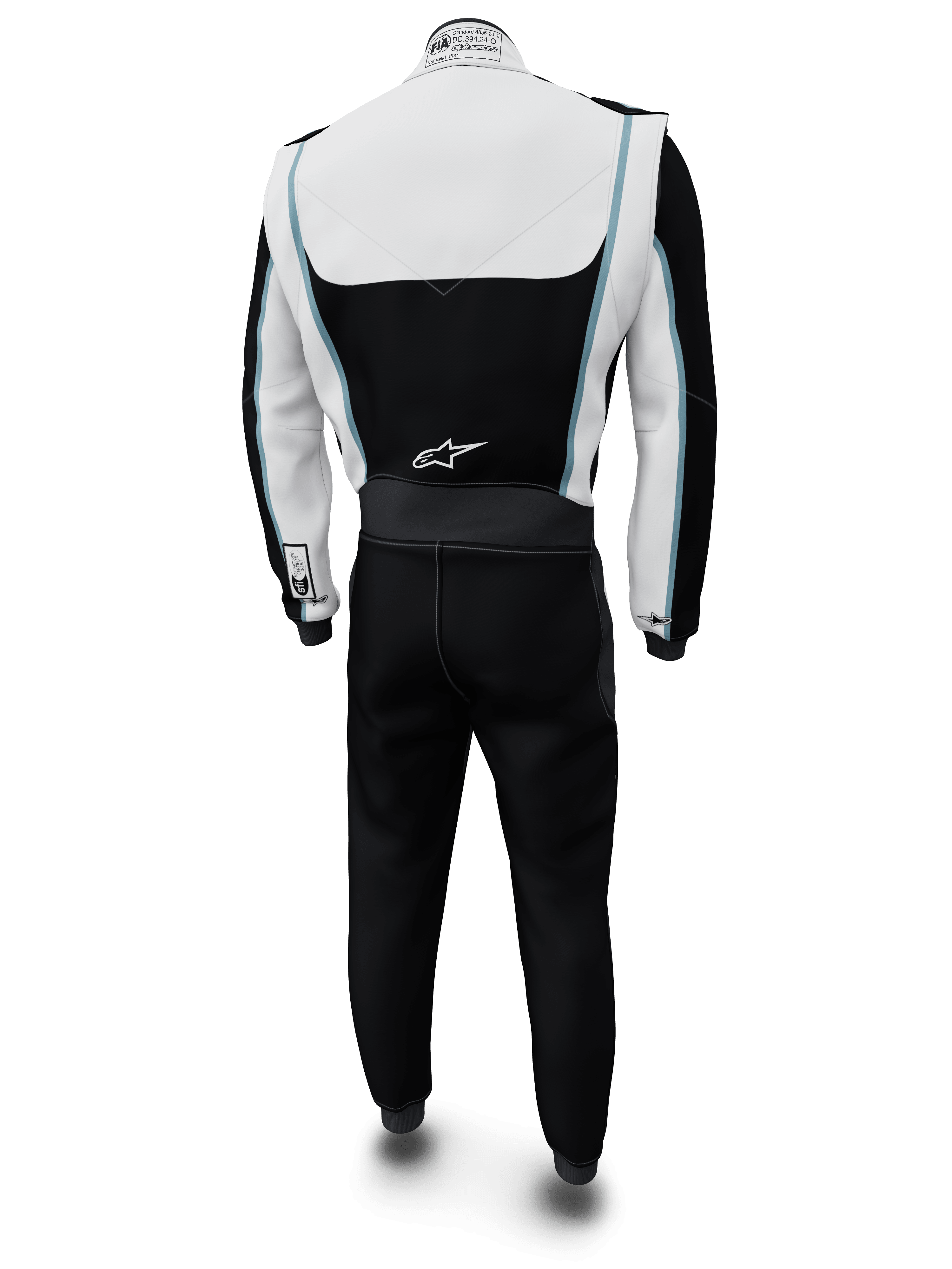 Alpinestars Tech Vision V3 Custom Suit, kombinezon samochodowy, biało-czarny z jasnoniebieskimi akcentami, widok z tyłu, logo Alpinestars na dole pleców i etykieta certyfikacji FIA na kołnierzu, profesjonalna ognioodporna odzież wyścigowa o konstrukcji Nomex